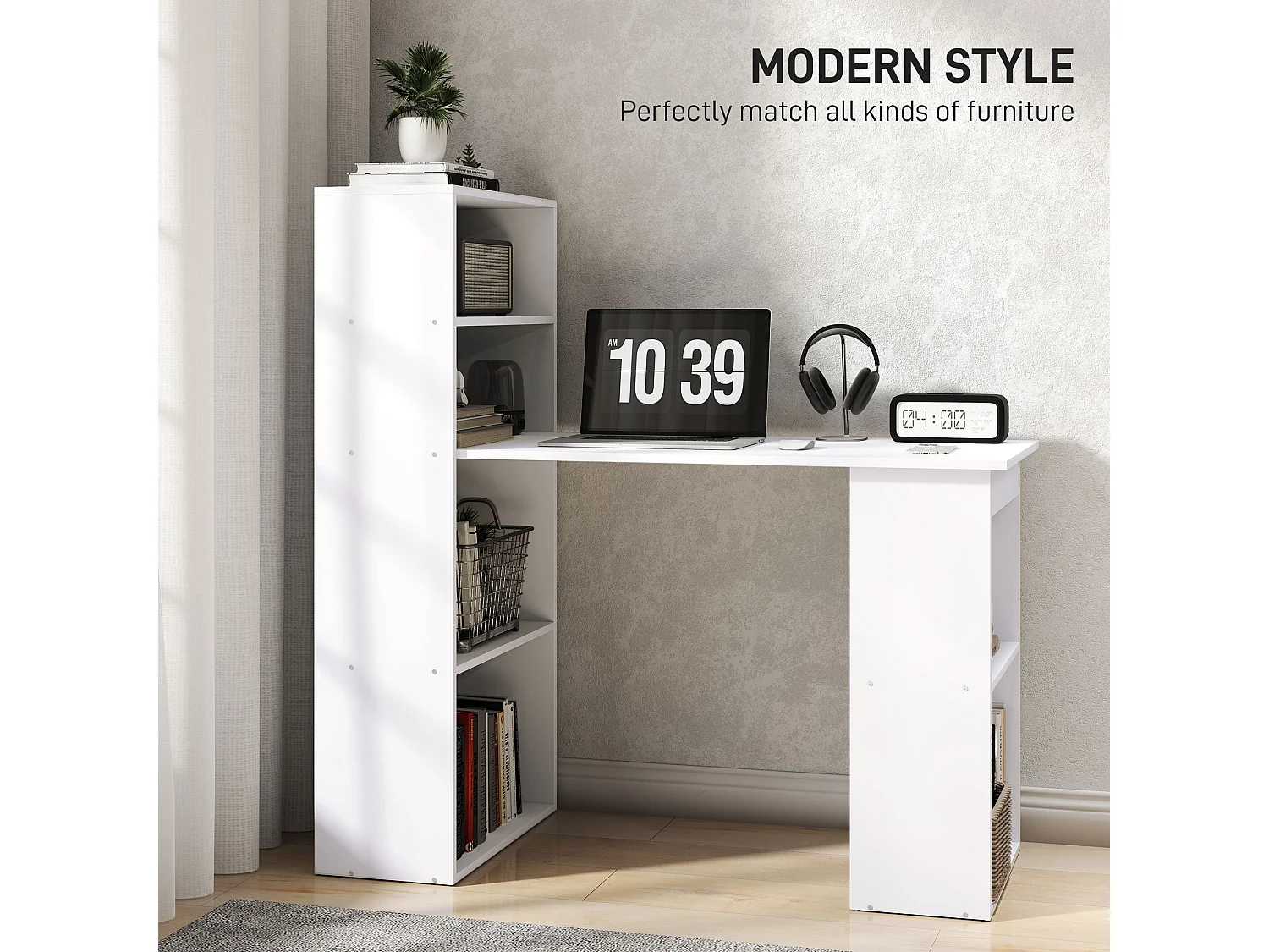 Zire 120cm White Study Desk with 6 Tier Bookshelf Storage