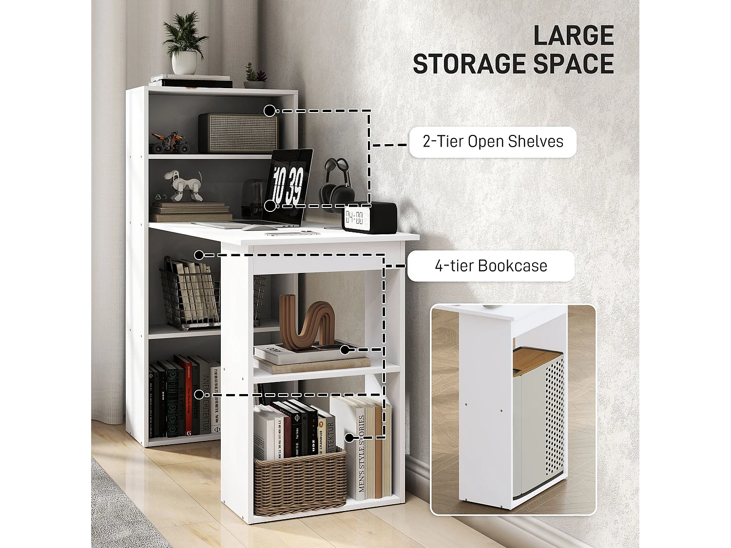 Zire 120cm White Study Desk with 6 Tier Bookshelf Storage