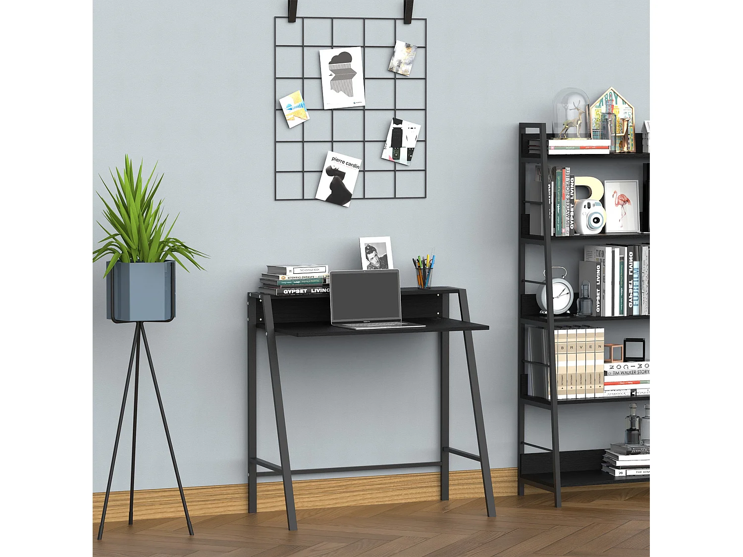 Havi 84cm Compact Black Writing Desk with Integrated Storage Shelf