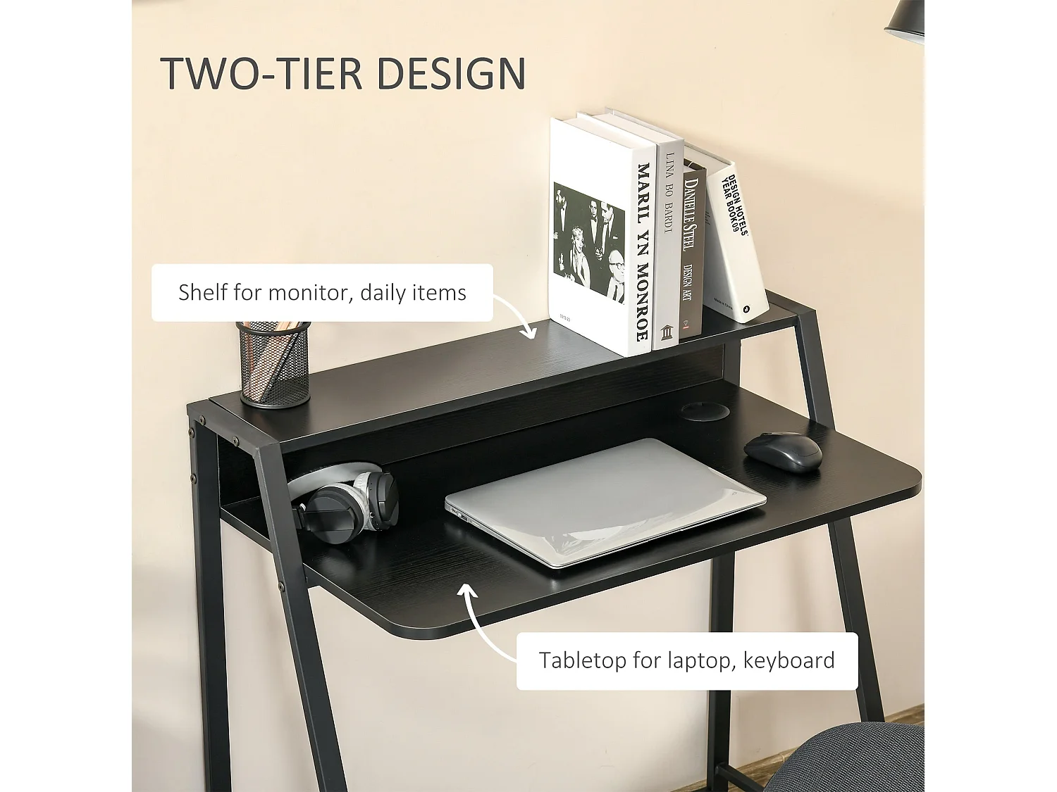Havi 84cm Compact Black Writing Desk with Integrated Storage Shelf
