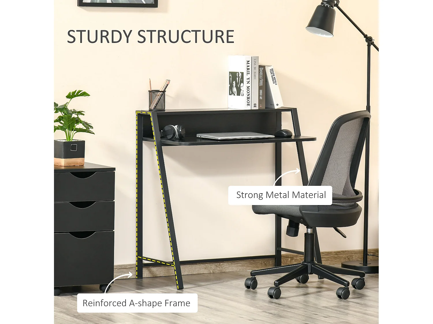 Havi 84cm Compact Black Writing Desk with Integrated Storage Shelf