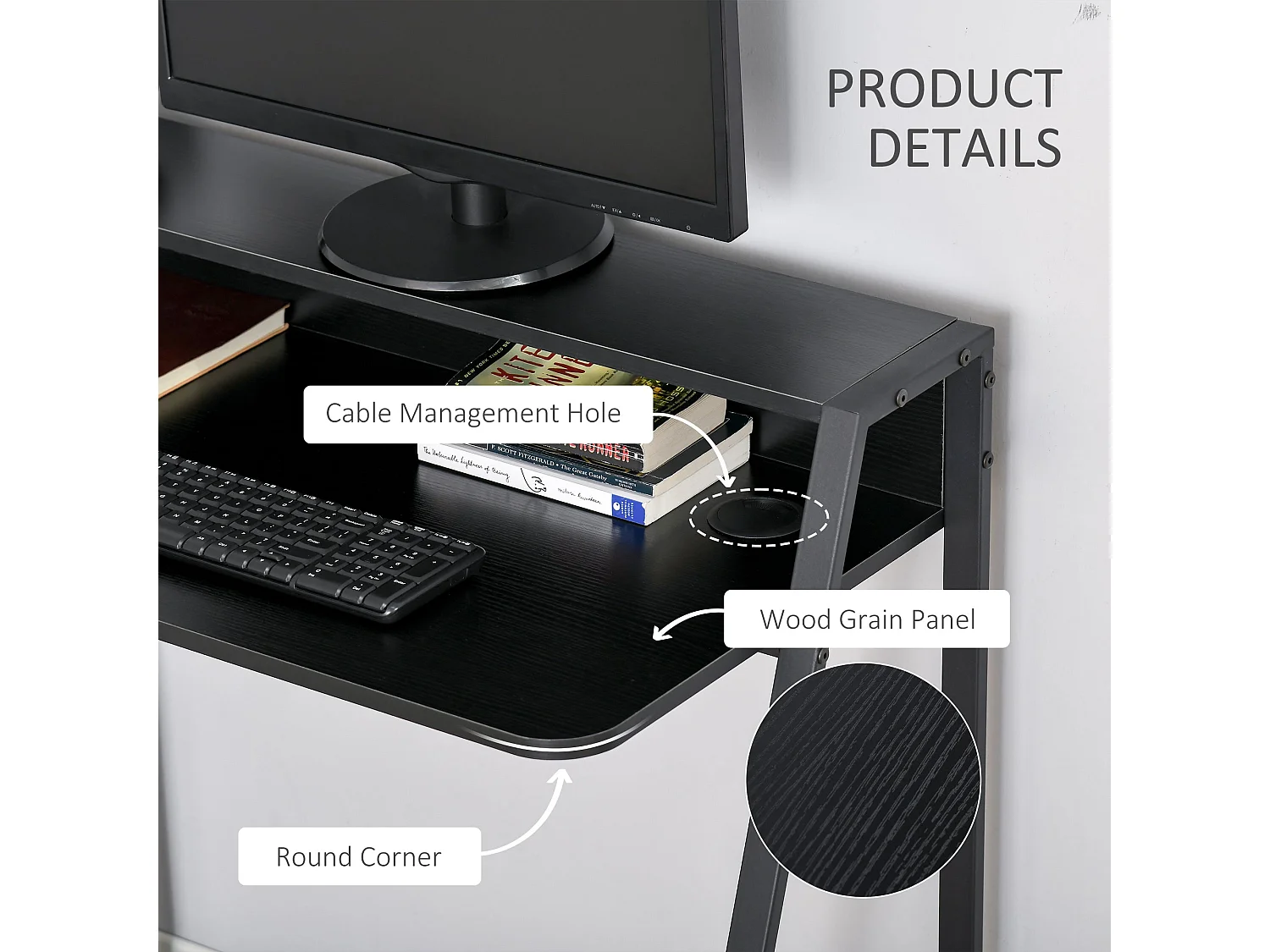 Havi 84cm Compact Black Writing Desk with Integrated Storage Shelf