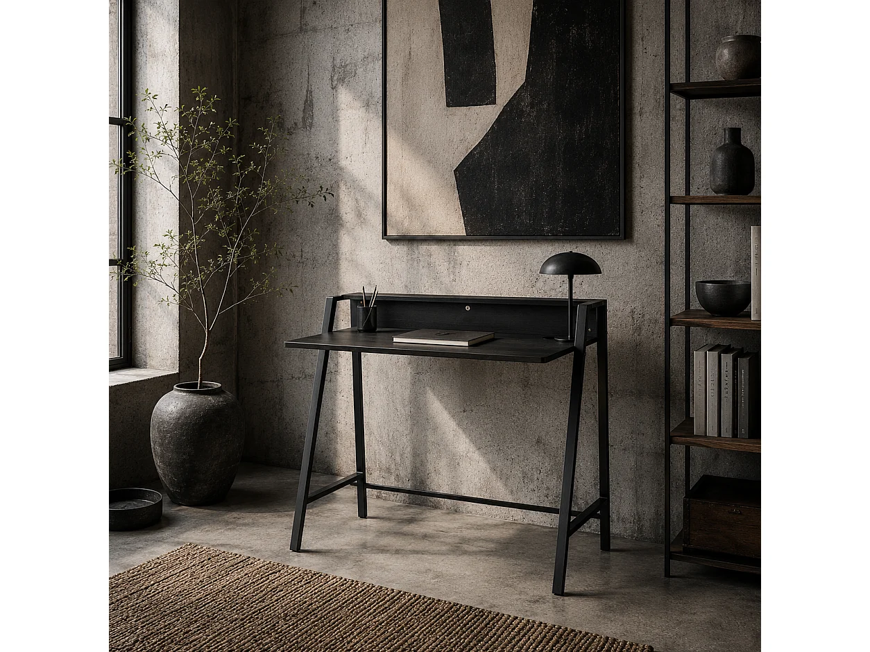 Havi 84cm Compact Black Writing Desk with Integrated Storage Shelf