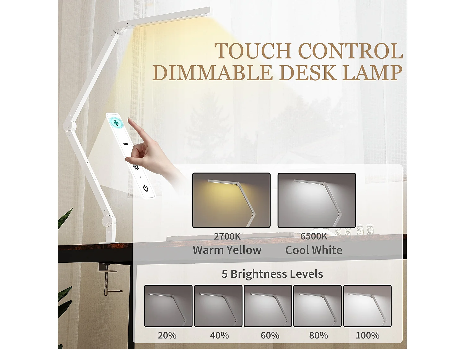 Laco Veni White Dimmable Clamp Desk Lamp Adjustable Swing Arm Eye Care LED 2700K 6500K 5 Brightness Levels