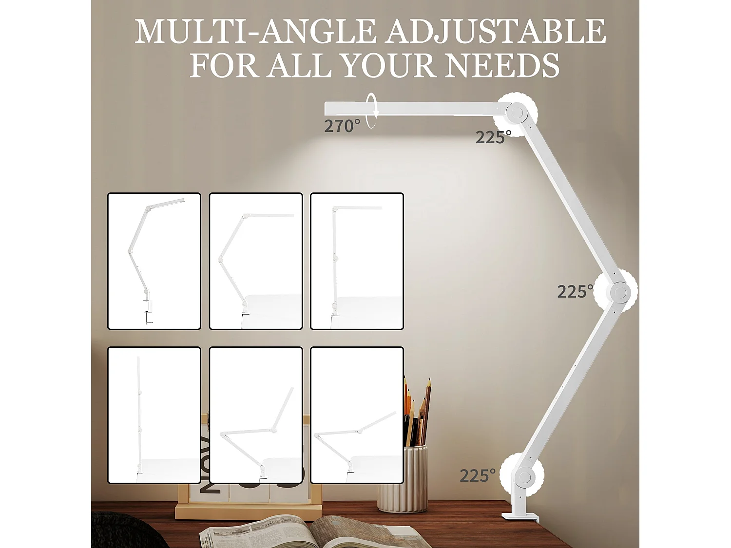 Laco Veni White Dimmable Clamp Desk Lamp Adjustable Swing Arm Eye Care LED 2700K 6500K 5 Brightness Levels