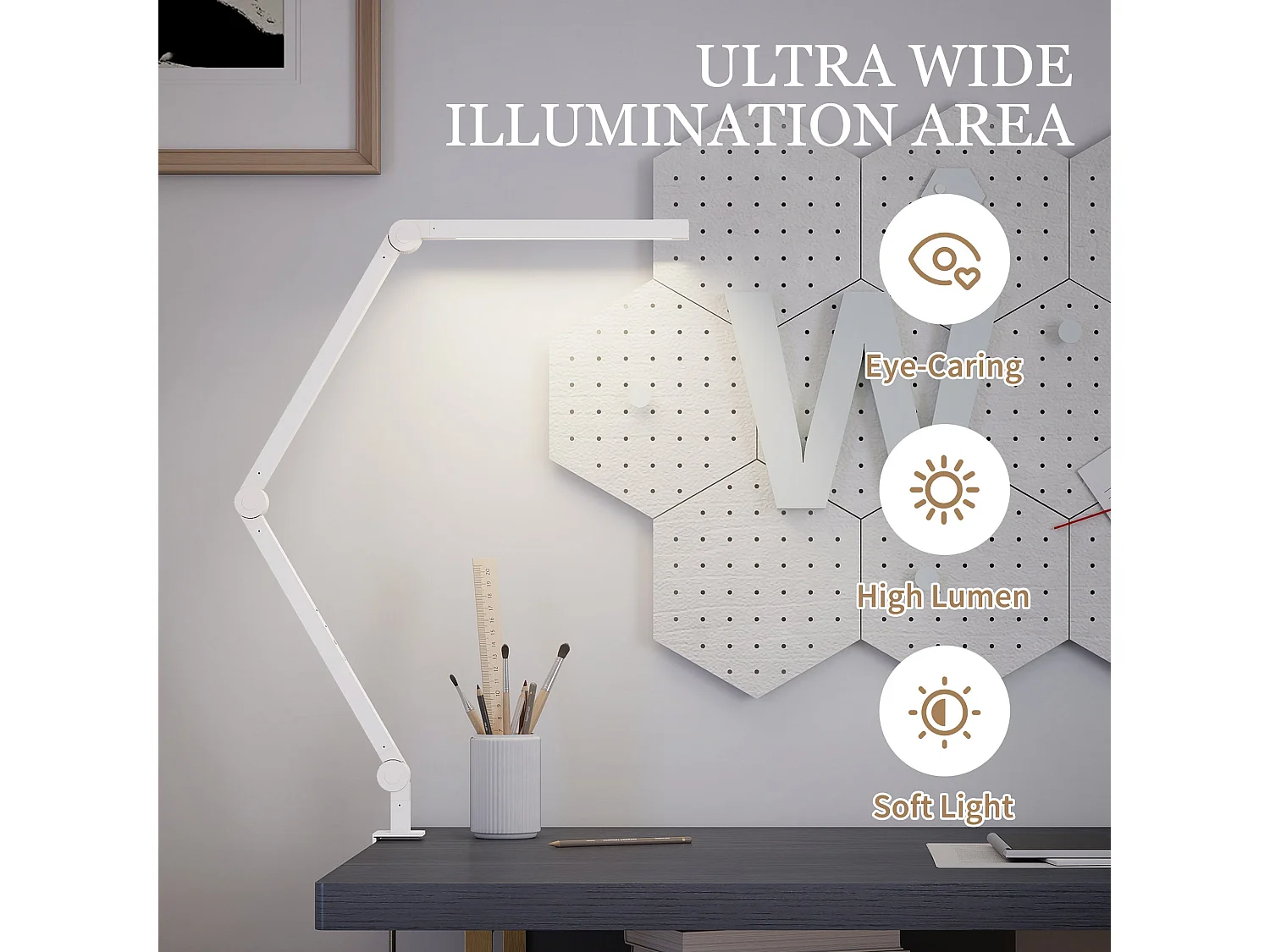 Laco Veni White Dimmable Clamp Desk Lamp Adjustable Swing Arm Eye Care LED 2700K 6500K 5 Brightness Levels