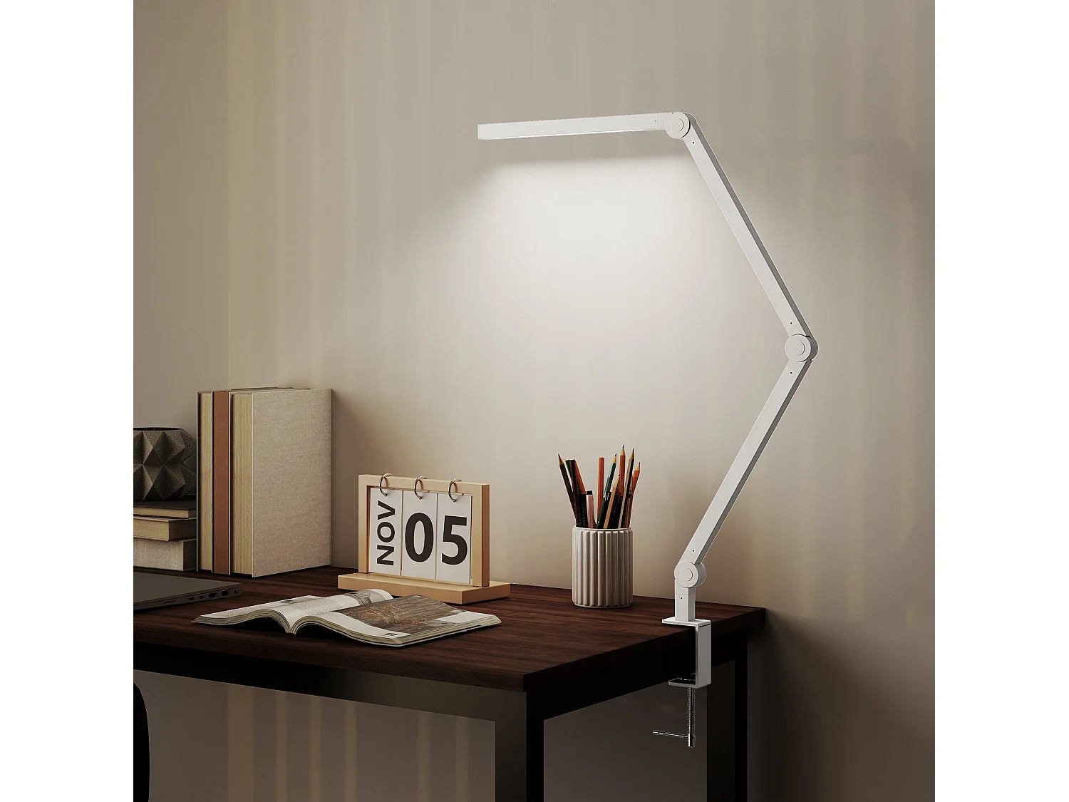 Laco Veni White Dimmable Clamp Desk Lamp Adjustable Swing Arm Eye Care LED 2700K 6500K 5 Brightness Levels