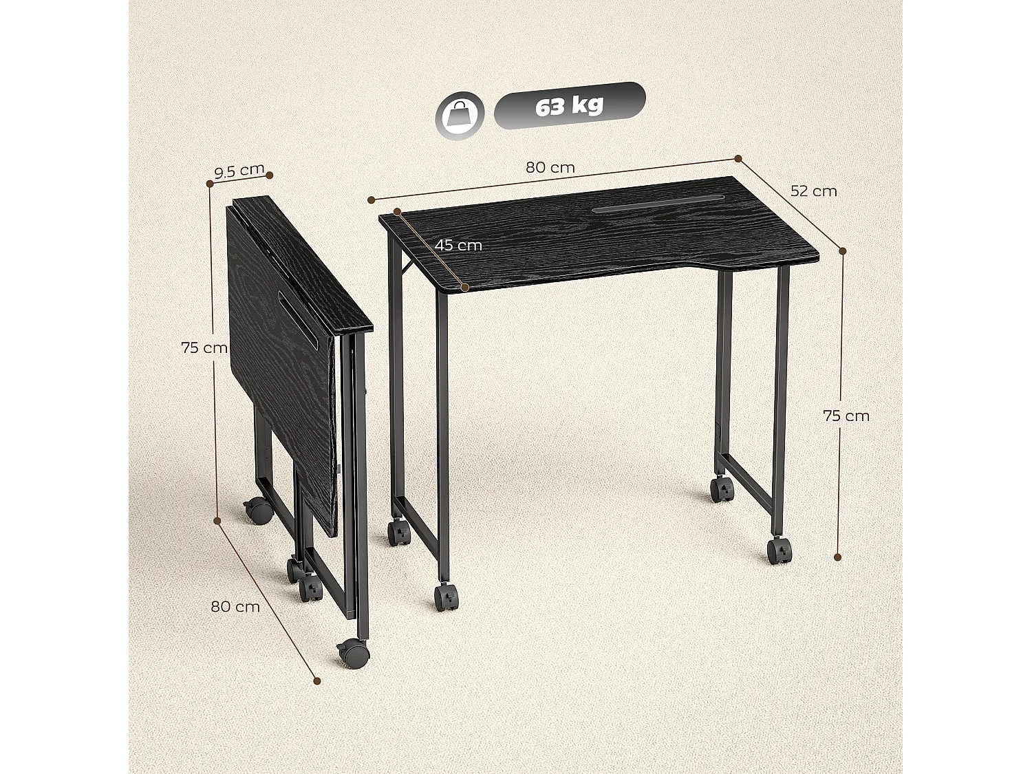 Schut 80cm Folding Desk Black Wood Effect with Lockable Wheels
