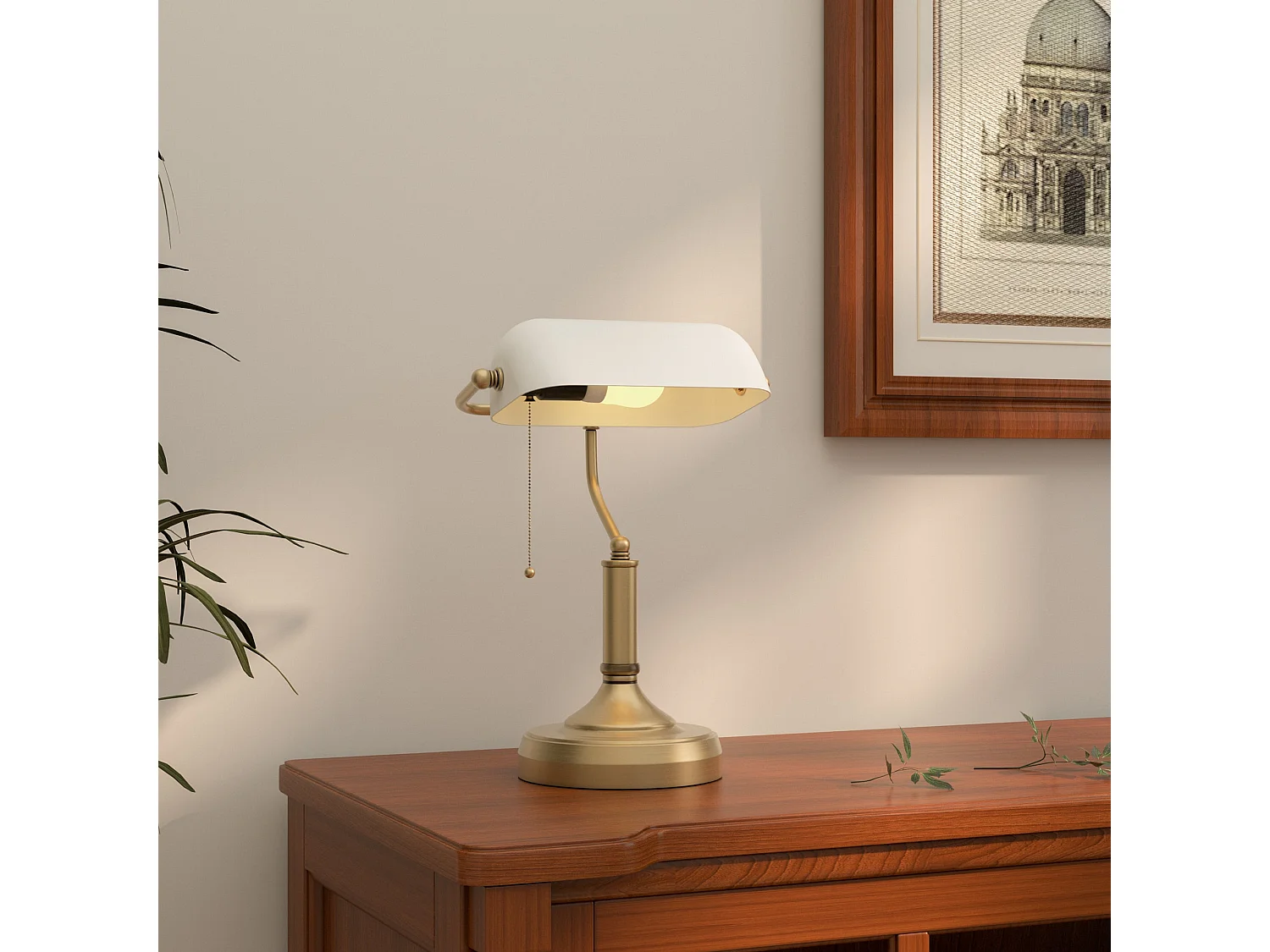 Yori Metal and Glass Banker’s Desk Lamp White Shade Antique Bronze Tone Base