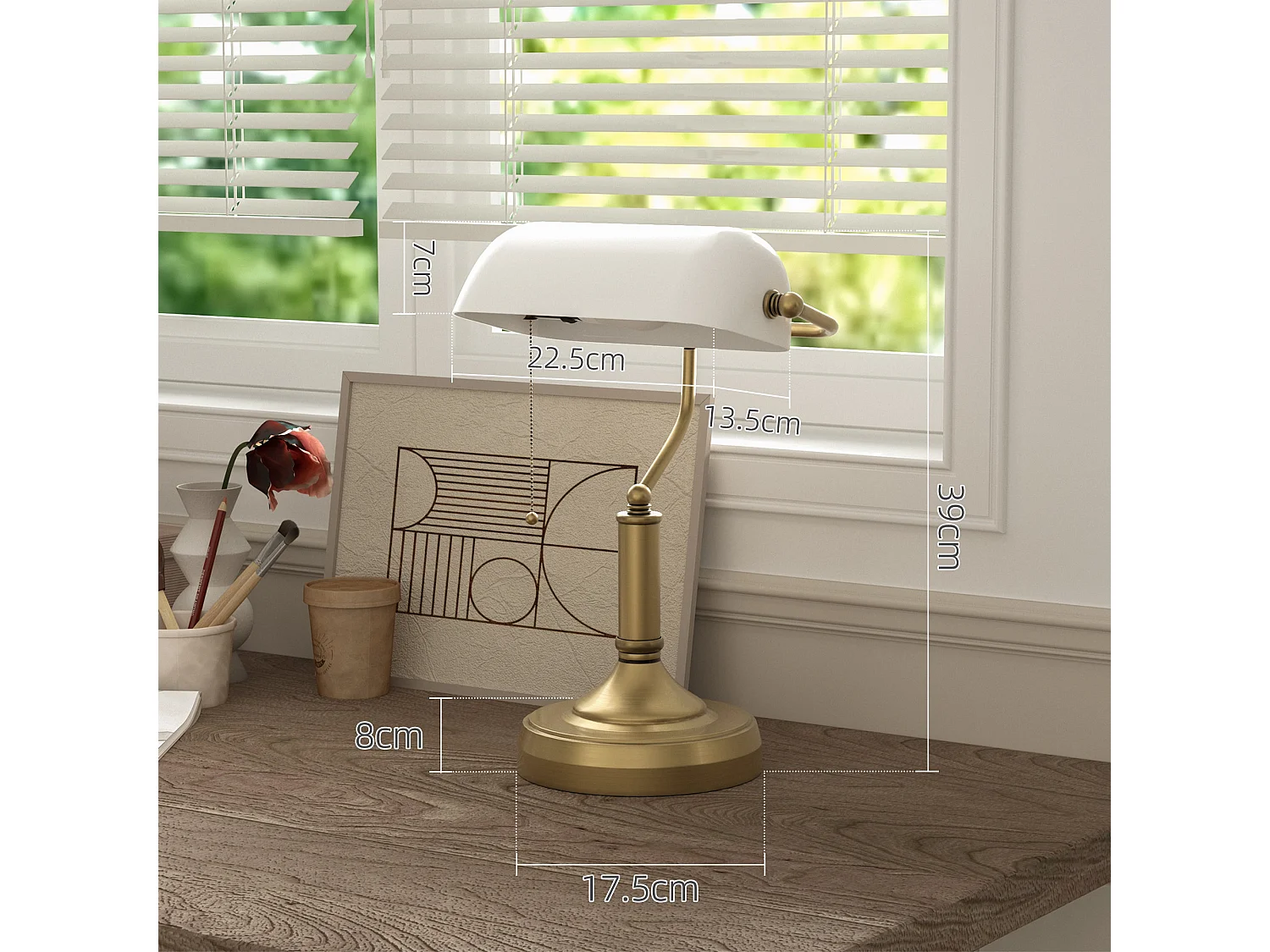Yori Metal and Glass Banker’s Desk Lamp White Shade Antique Bronze Tone Base