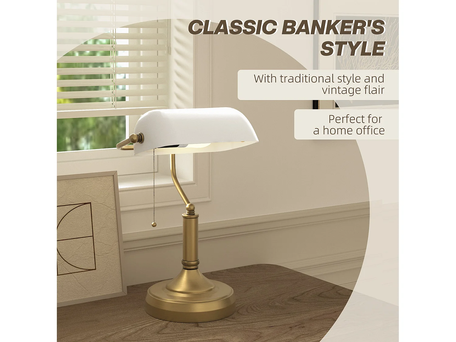 Yori Metal and Glass Banker’s Desk Lamp White Shade Antique Bronze Tone Base