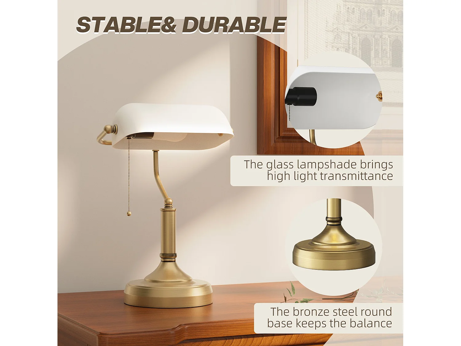 Yori Metal and Glass Banker’s Desk Lamp White Shade Antique Bronze Tone Base