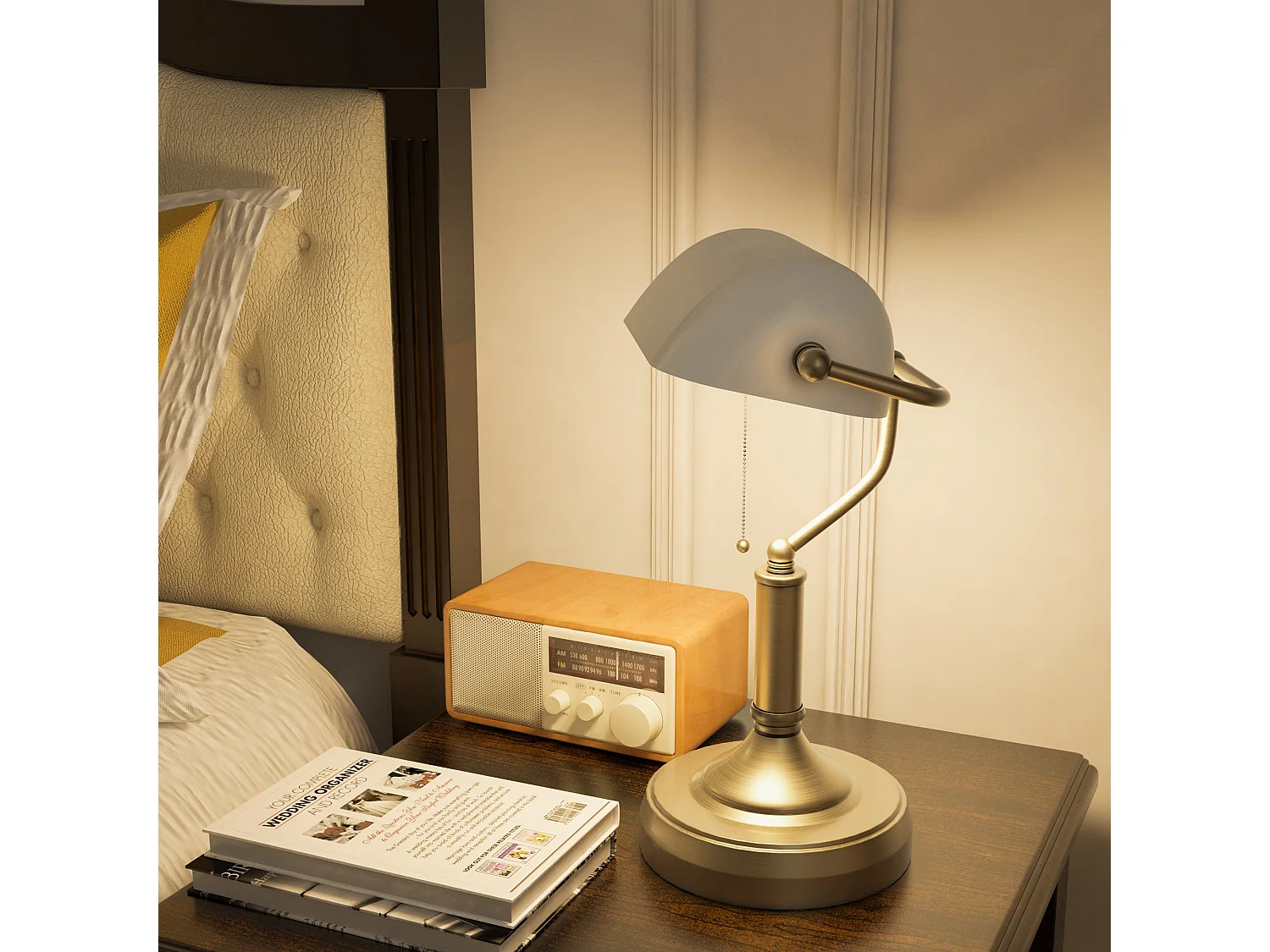 Yori Metal and Glass Banker’s Desk Lamp White Shade Antique Bronze Tone Base