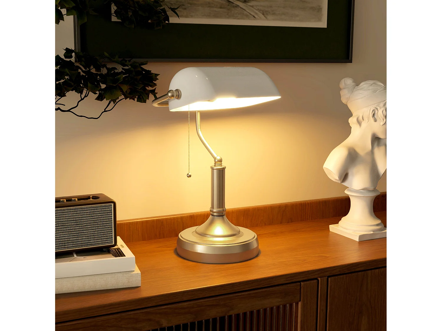 Yori Metal and Glass Banker’s Desk Lamp White Shade Antique Bronze Tone Base