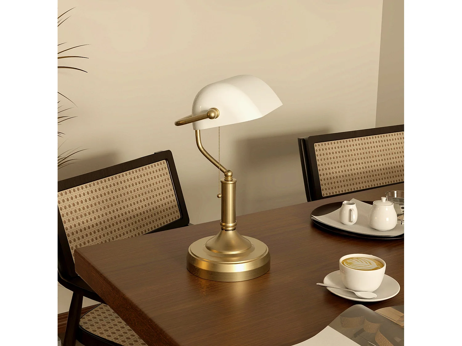 Yori Metal and Glass Banker’s Desk Lamp White Shade Antique Bronze Tone Base