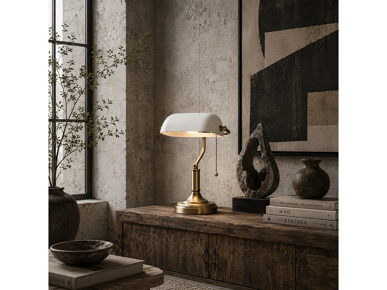 Yori Metal and Glass Banker’s Desk Lamp White Shade Antique Bronze Tone Base