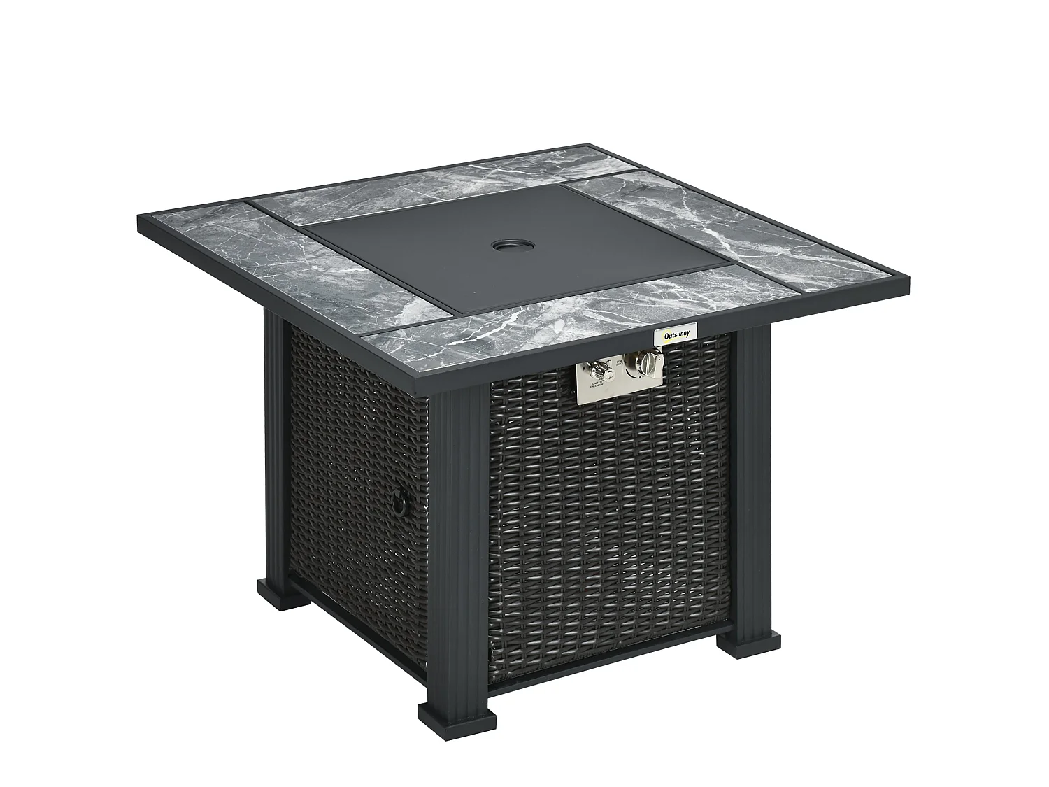 Halu Black Rattan Style Square Gas Fire Pit Table with Marble Effect Top