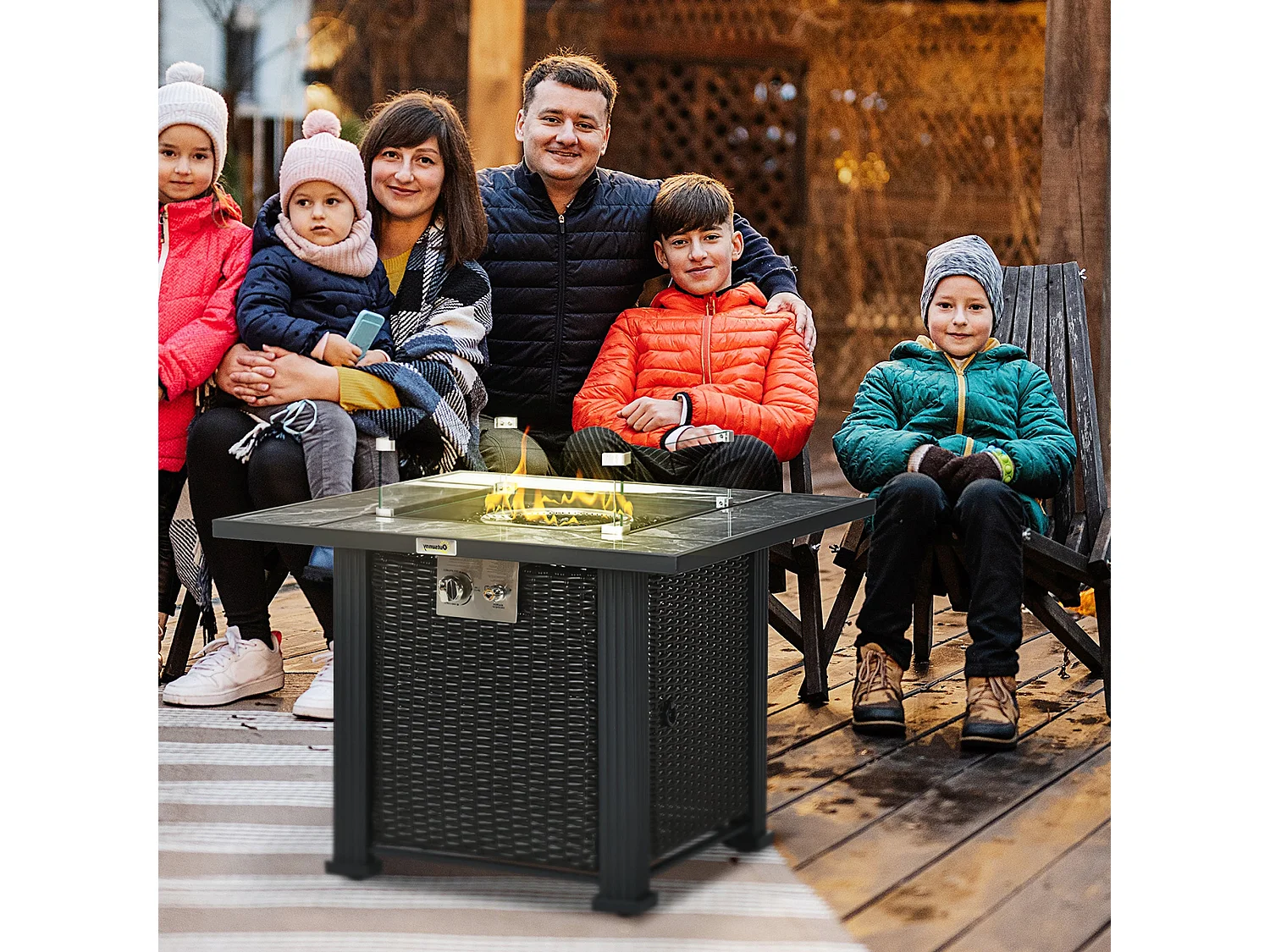 Halu Black Rattan Style Square Gas Fire Pit Table with Marble Effect Top