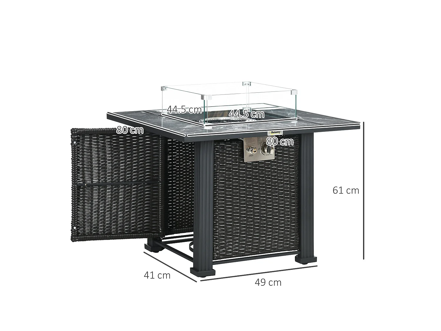Halu Black Rattan Style Square Gas Fire Pit Table with Marble Effect Top