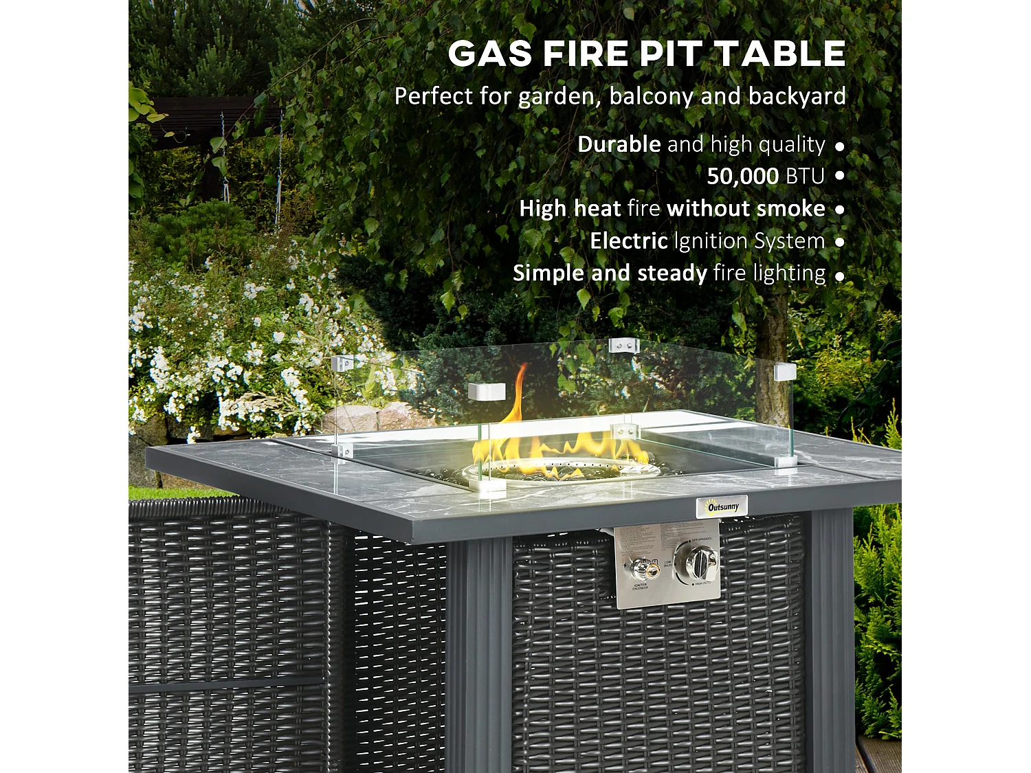 Halu Black Rattan Style Square Gas Fire Pit Table with Marble Effect Top