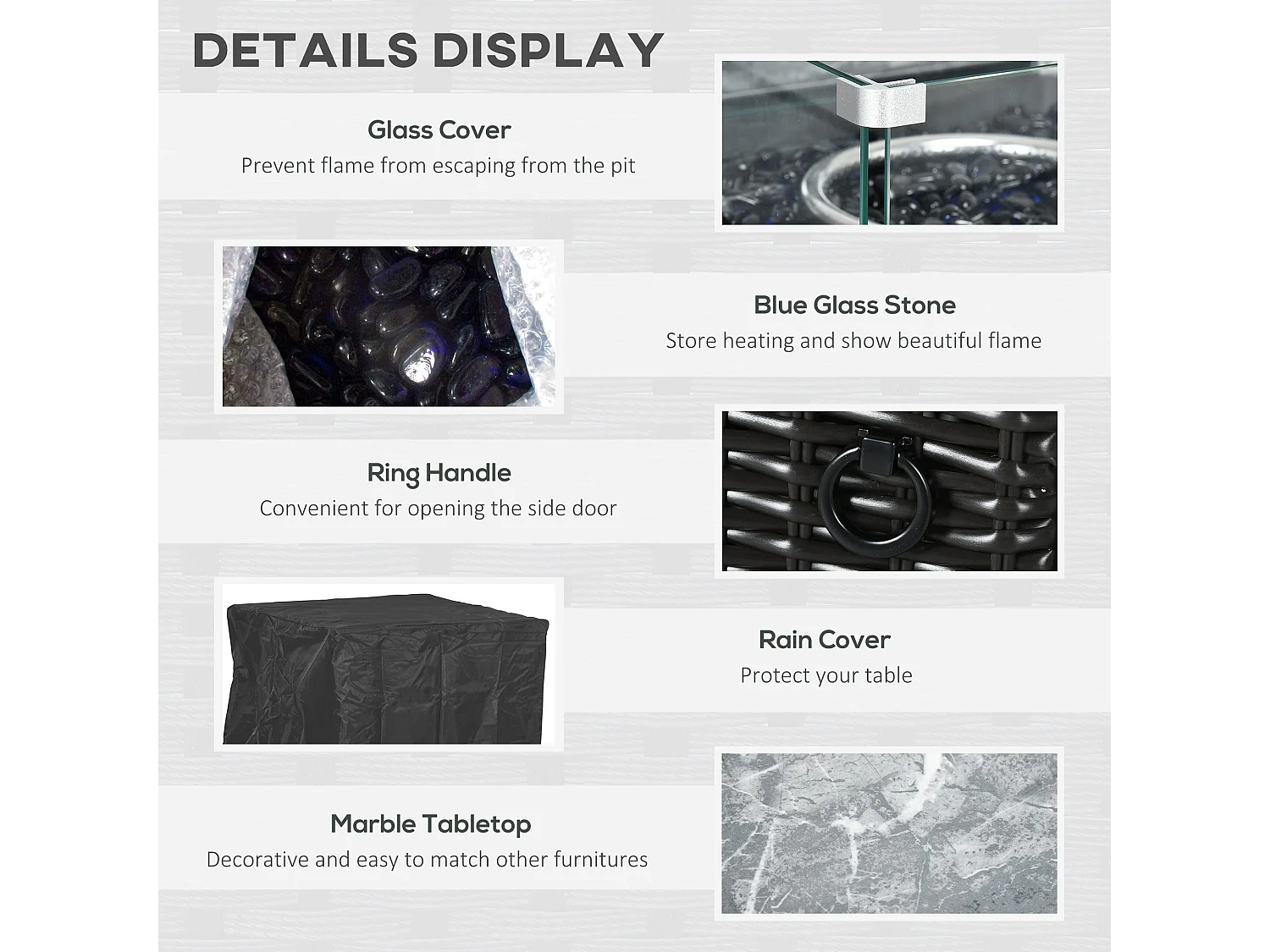 Halu Black Rattan Style Square Gas Fire Pit Table with Marble Effect Top