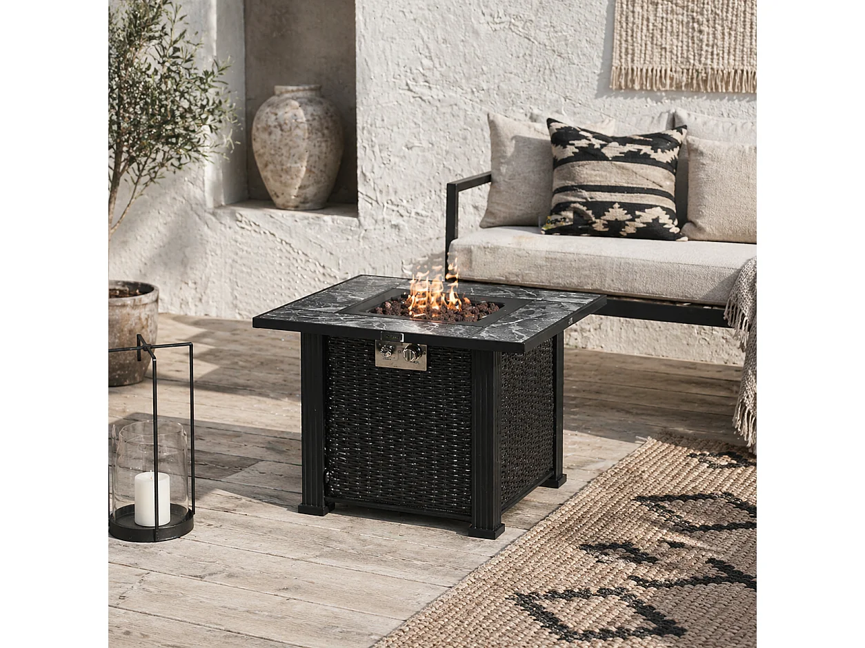 Halu Black Rattan Style Square Gas Fire Pit Table with Marble Effect Top