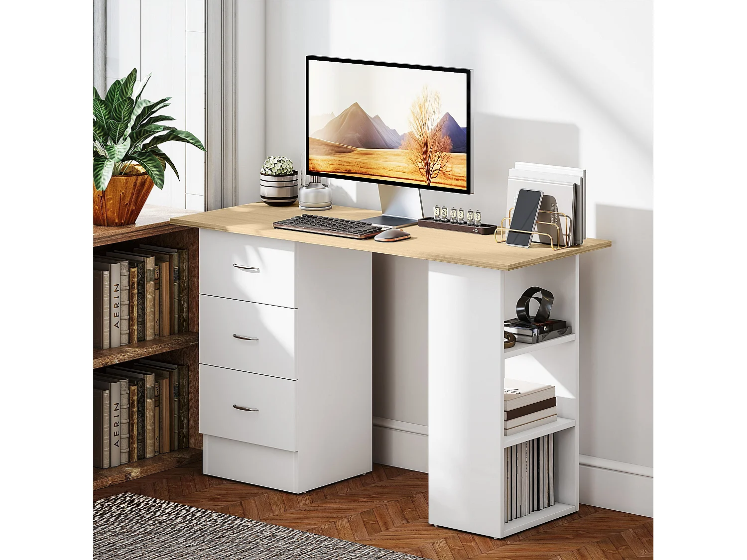 Vasave 120cm Natural Wood and White Study Desk with 3 Drawers and 3 Side Shelves