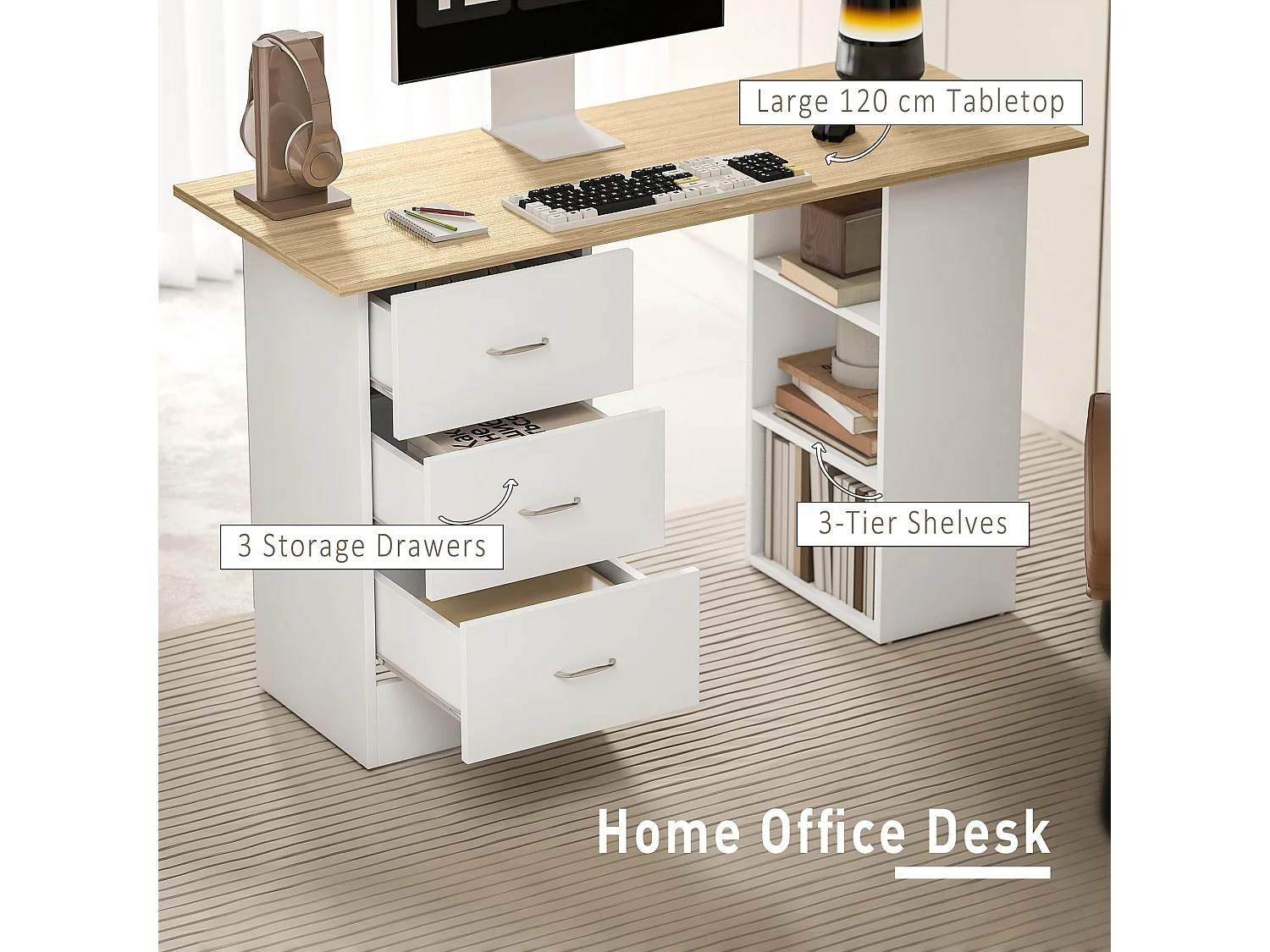 Vasave 120cm Natural Wood and White Study Desk with 3 Drawers and 3 Side Shelves