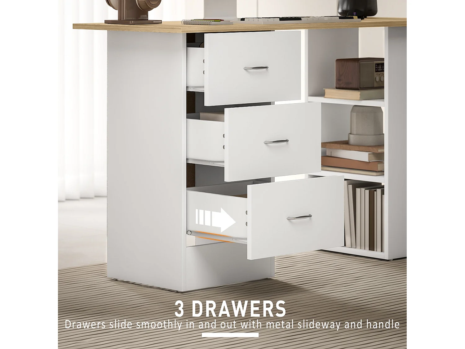 Vasave 120cm Natural Wood and White Study Desk with 3 Drawers and 3 Side Shelves