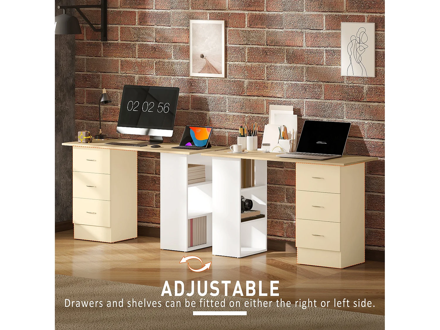 Vasave 120cm Natural Wood and White Study Desk with 3 Drawers and 3 Side Shelves