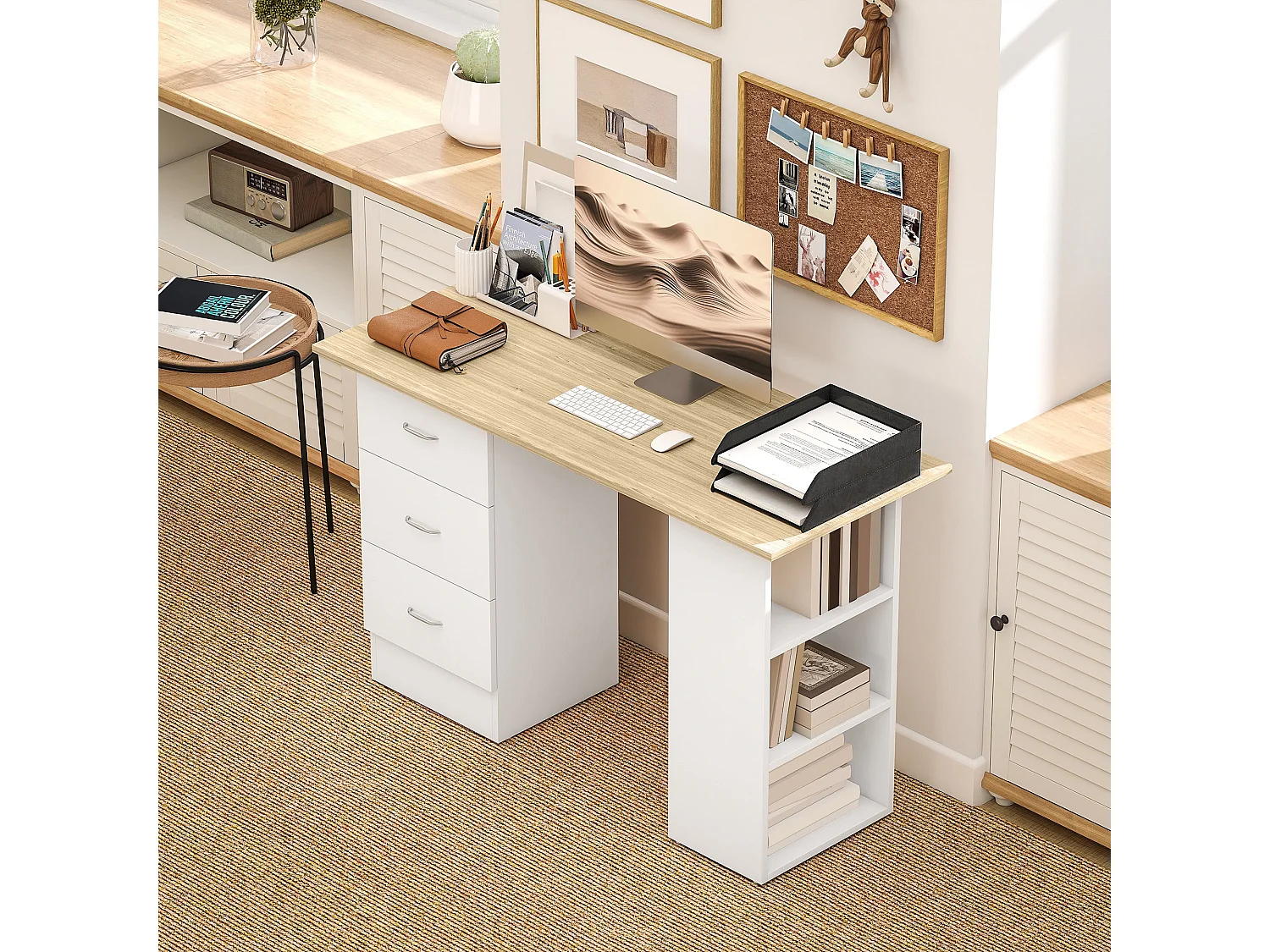 Vasave 120cm Natural Wood and White Study Desk with 3 Drawers and 3 Side Shelves