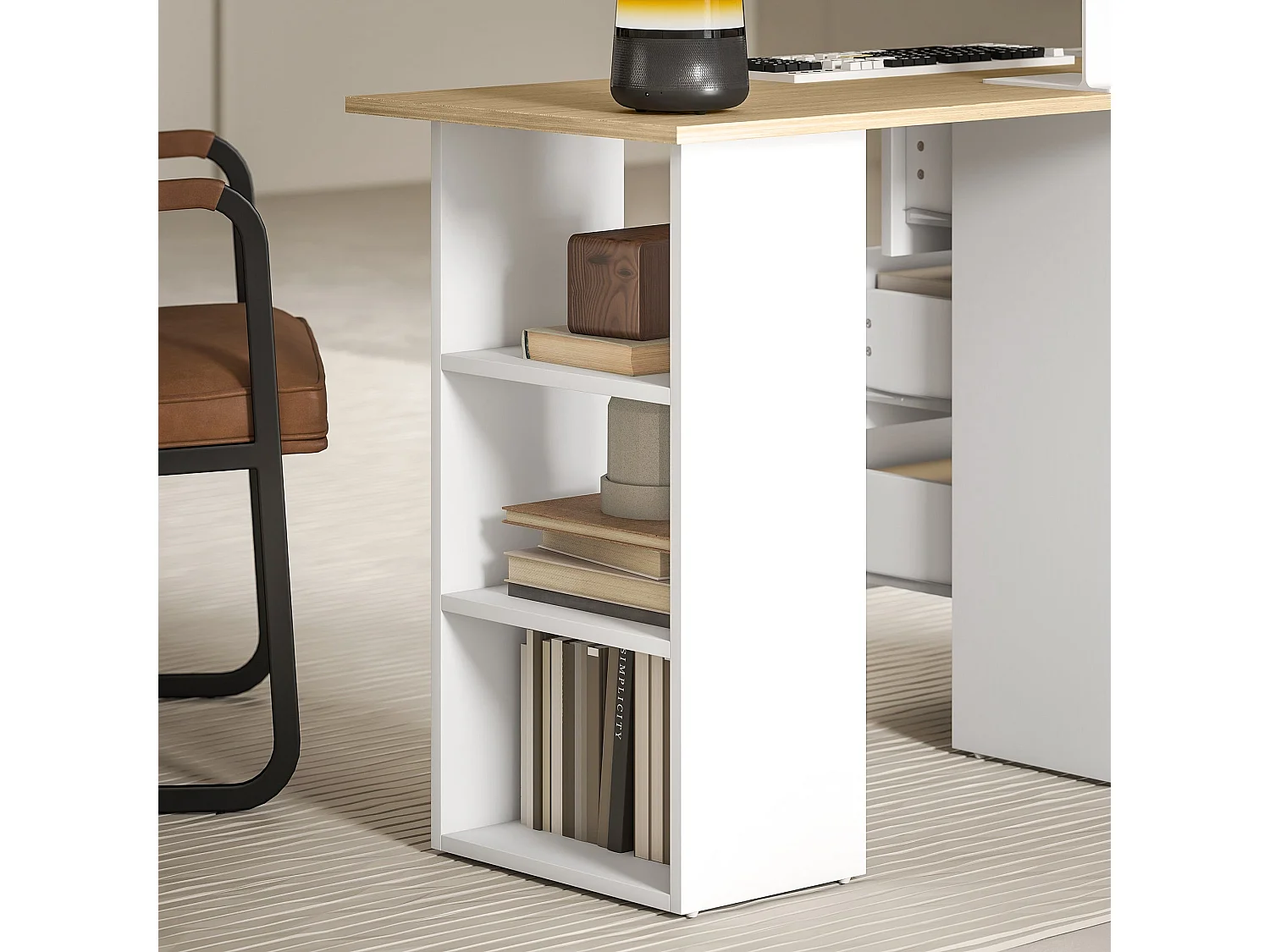 Vasave 120cm Natural Wood and White Study Desk with 3 Drawers and 3 Side Shelves