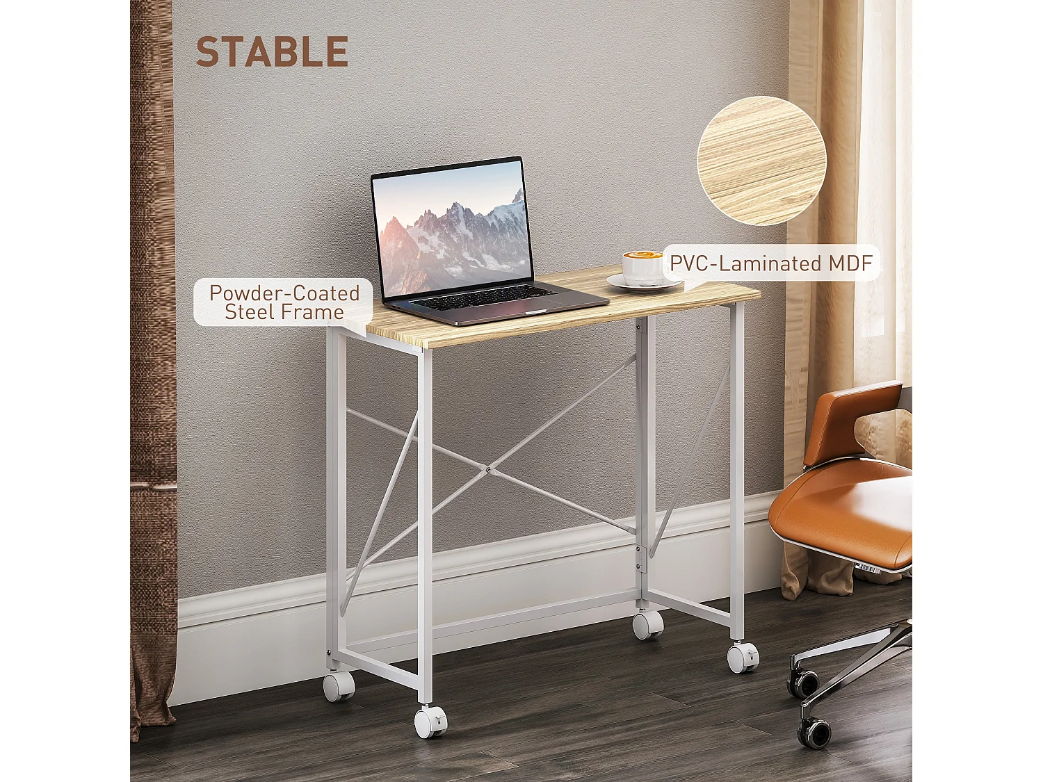 Yokare 80cm Folding Desk on Wheels Natural Oak and White