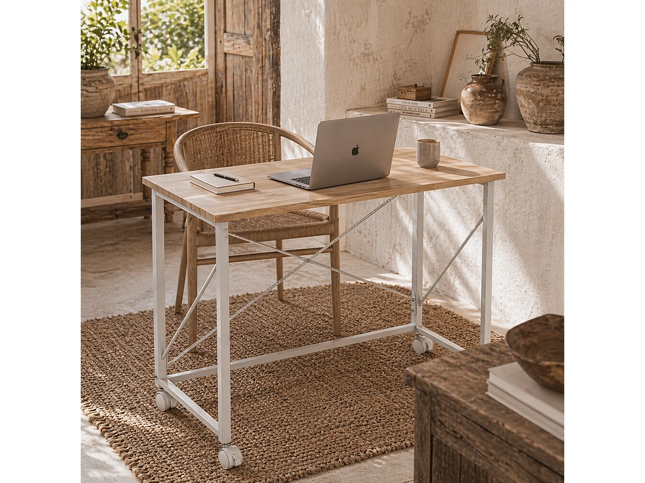 Yokare 80cm Folding Desk on Wheels Natural Oak and White
