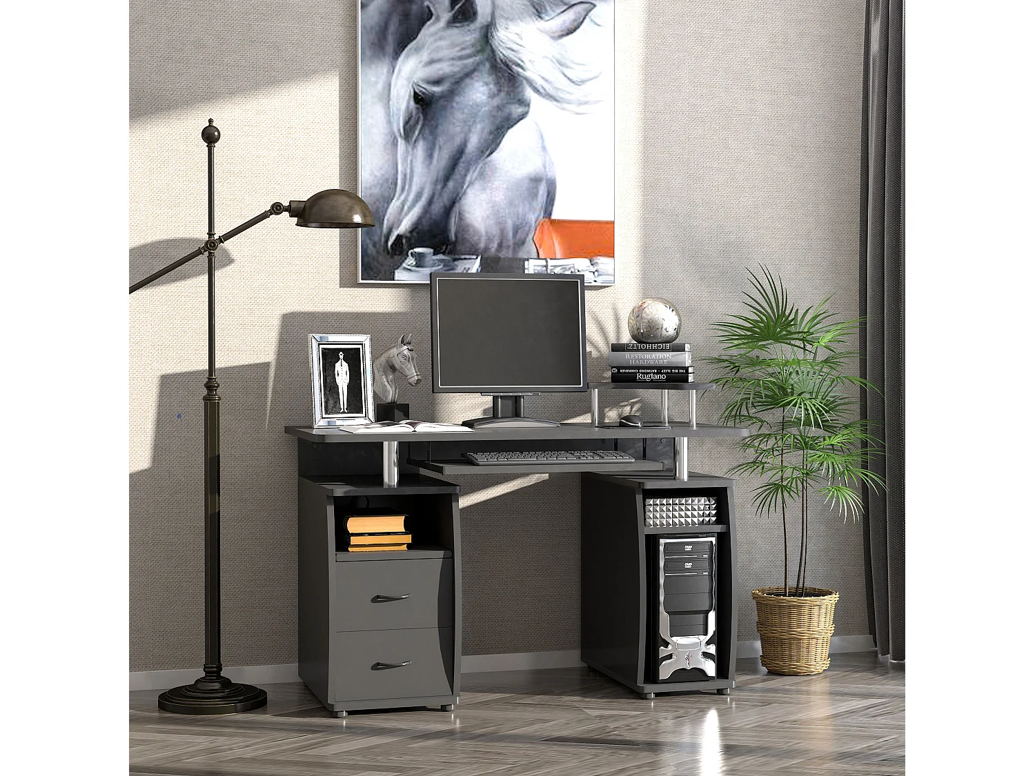Domofi 120cm Black Computer Desk with Sliding Keyboard Tray Shelves and Drawers