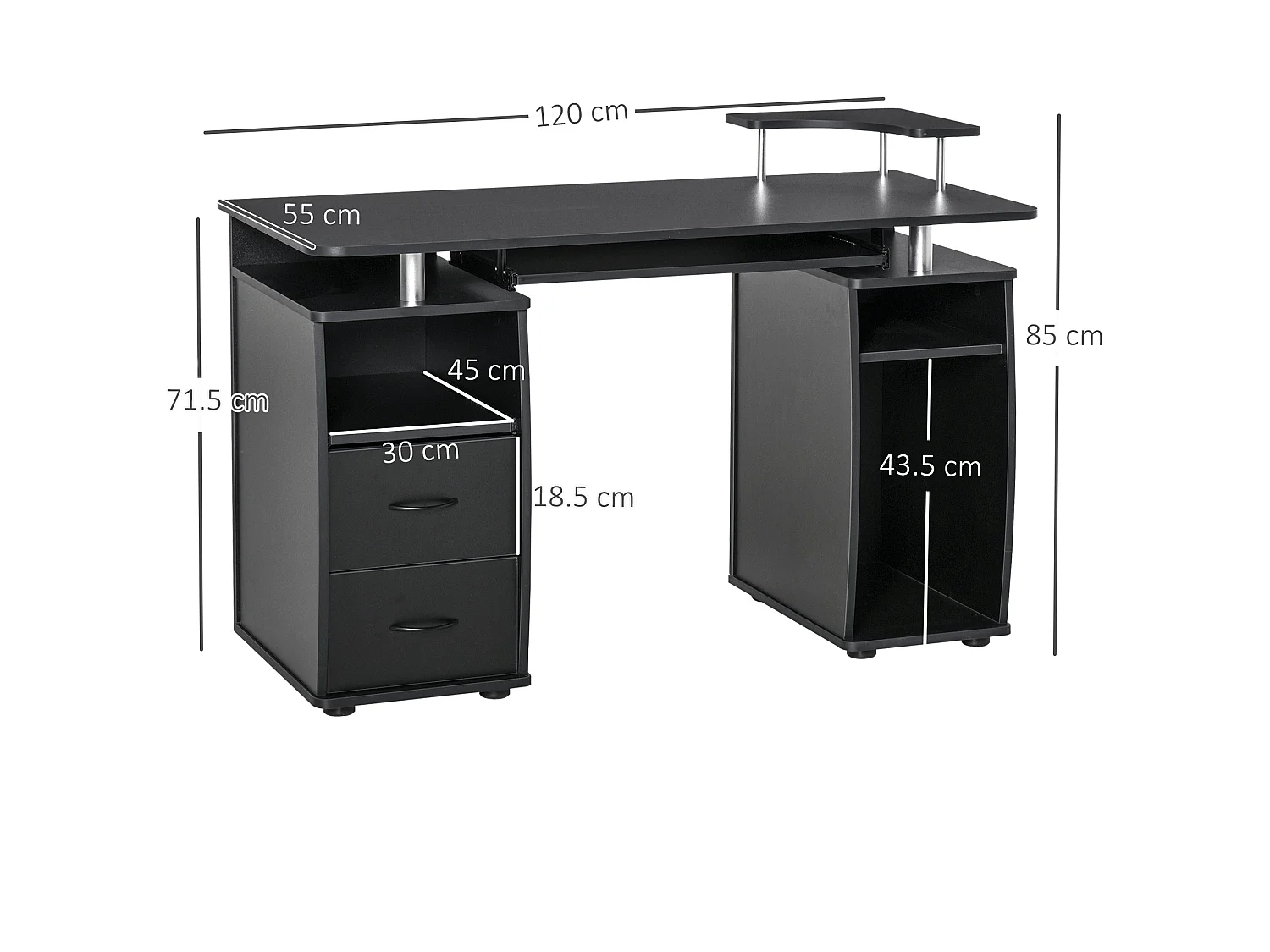 Domofi 120cm Black Computer Desk with Sliding Keyboard Tray Shelves and Drawers