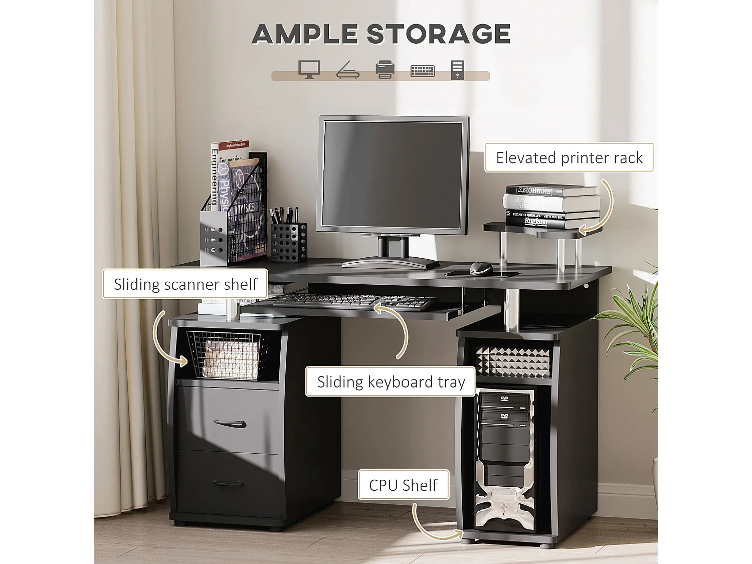 Domofi 120cm Black Computer Desk with Sliding Keyboard Tray Shelves and Drawers