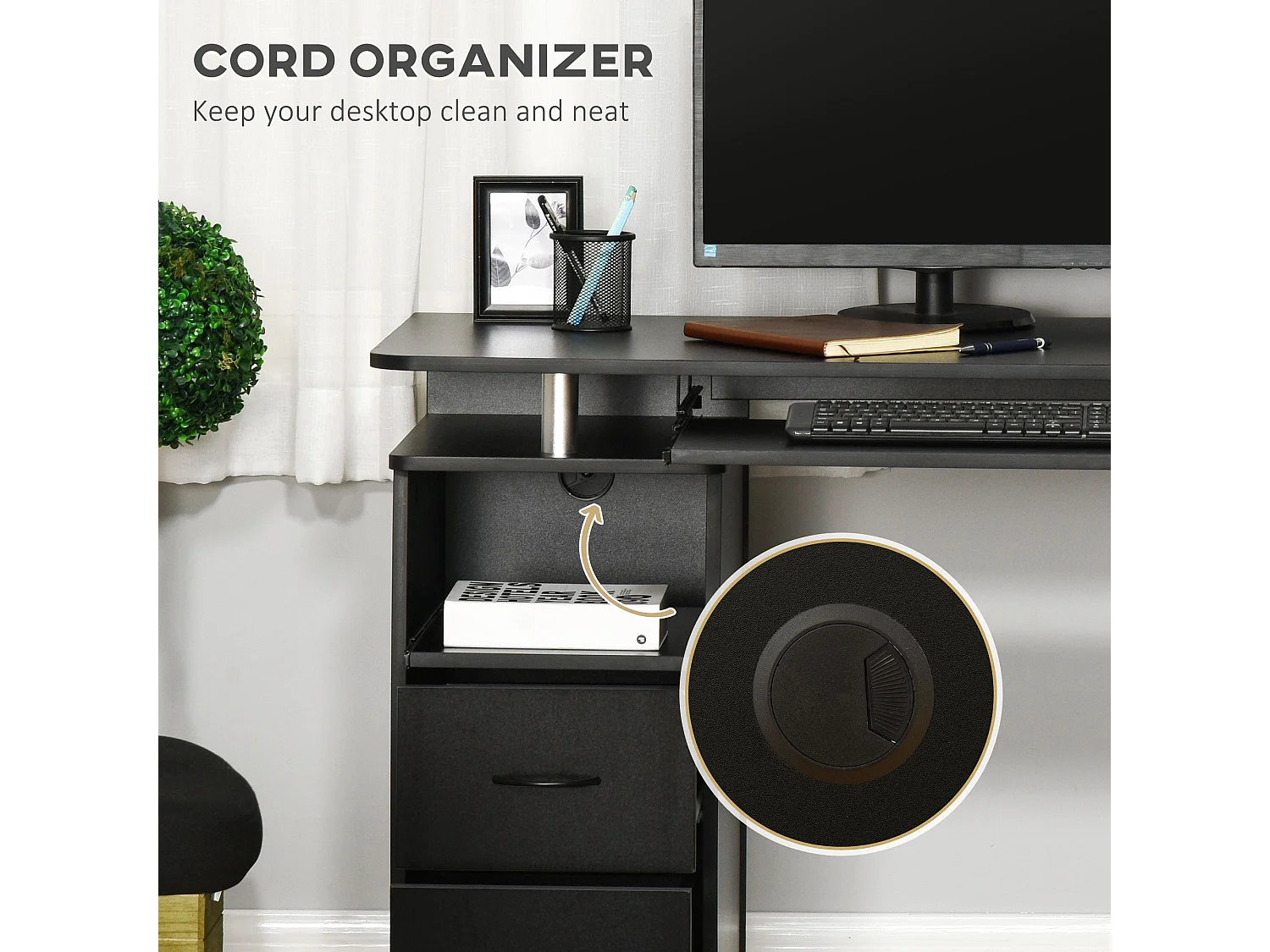 Domofi 120cm Black Computer Desk with Sliding Keyboard Tray Shelves and Drawers