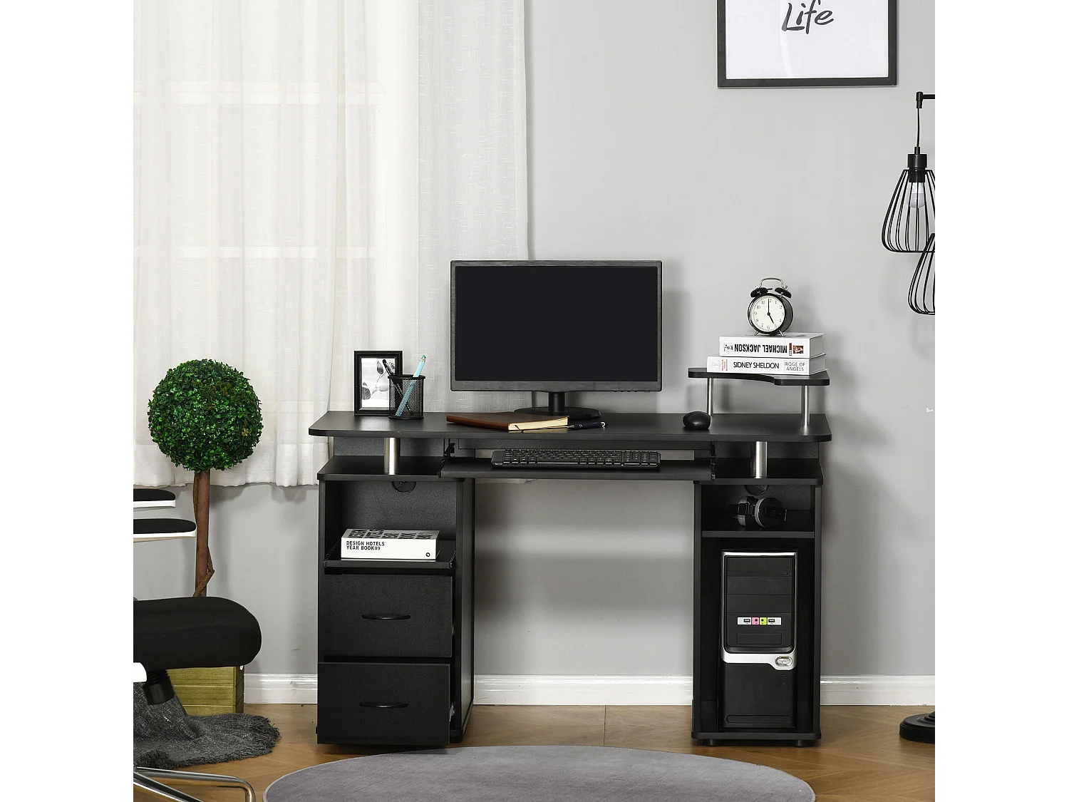 Domofi 120cm Black Computer Desk with Sliding Keyboard Tray Shelves and Drawers