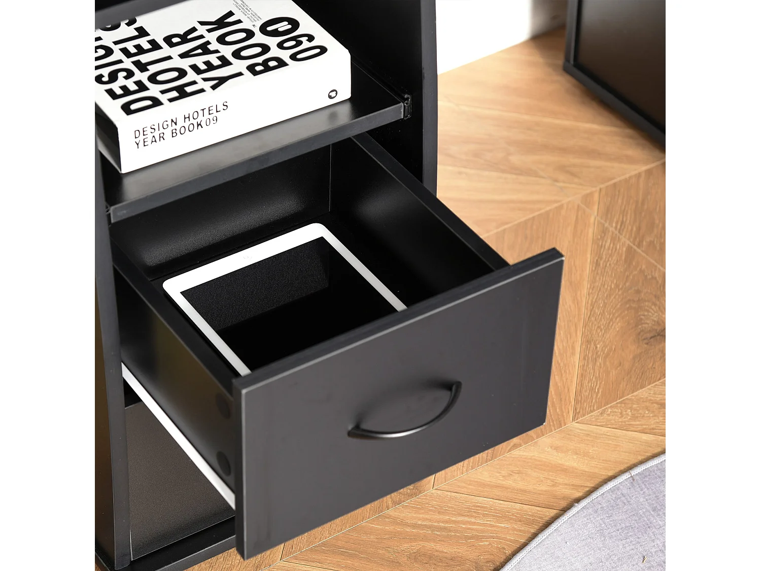Domofi 120cm Black Computer Desk with Sliding Keyboard Tray Shelves and Drawers