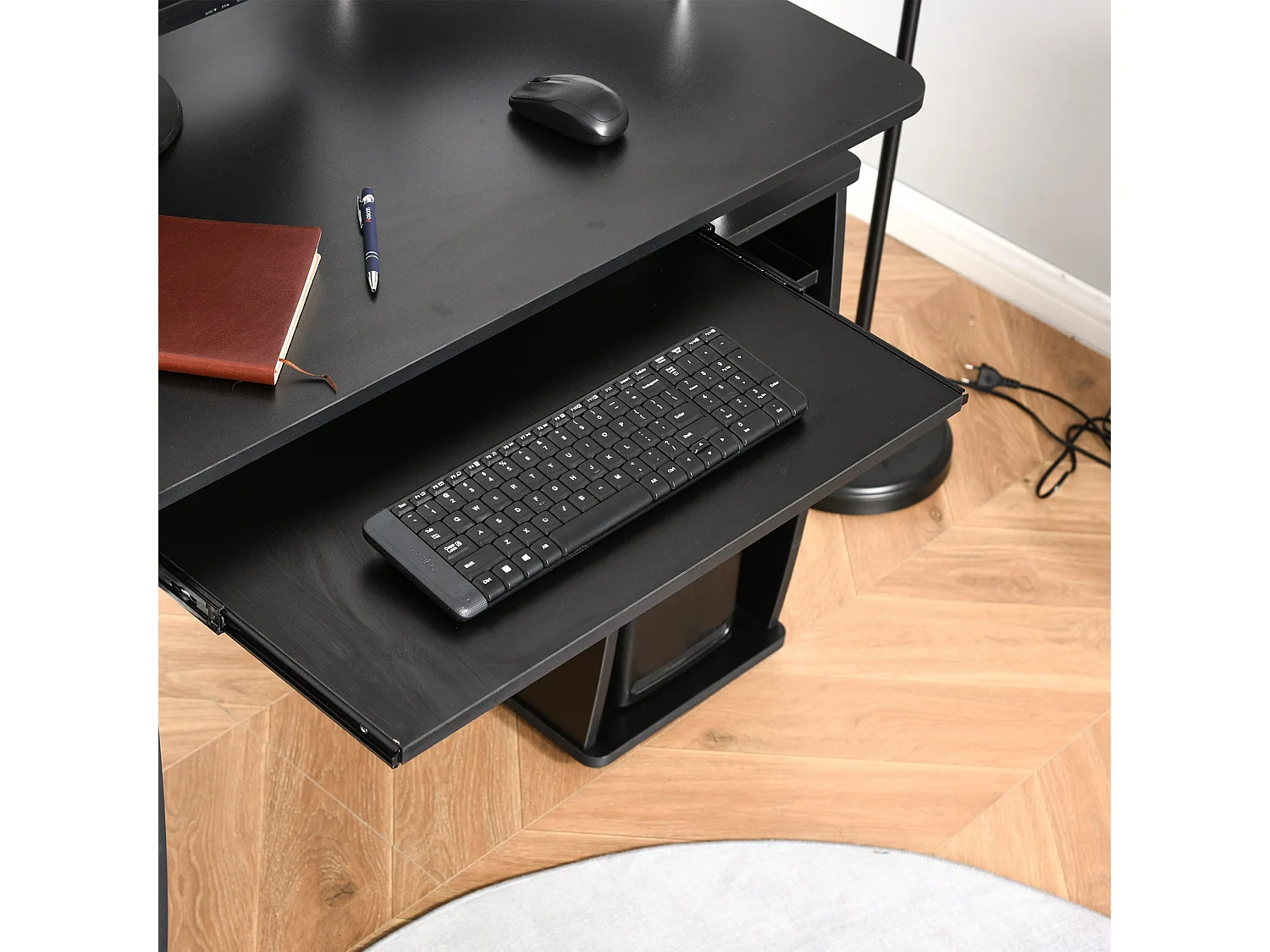 Domofi 120cm Black Computer Desk with Sliding Keyboard Tray Shelves and Drawers