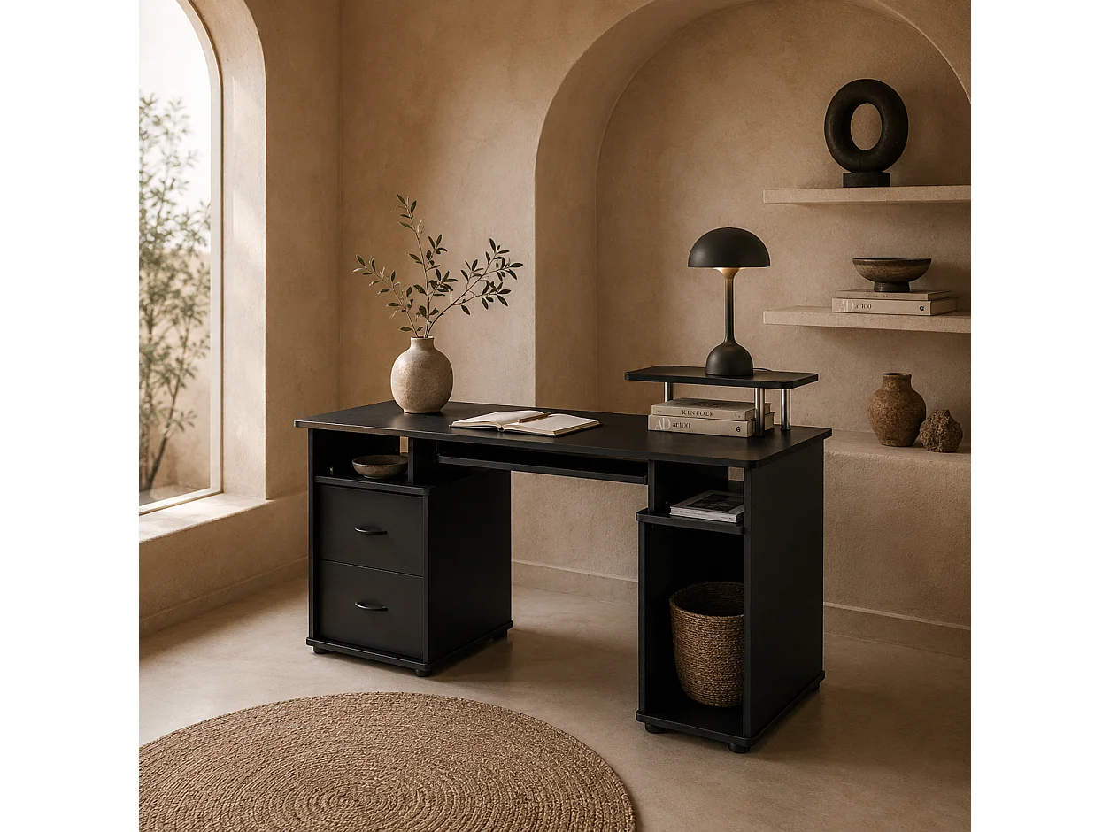 Domofi 120cm Black Computer Desk with Sliding Keyboard Tray Shelves and Drawers
