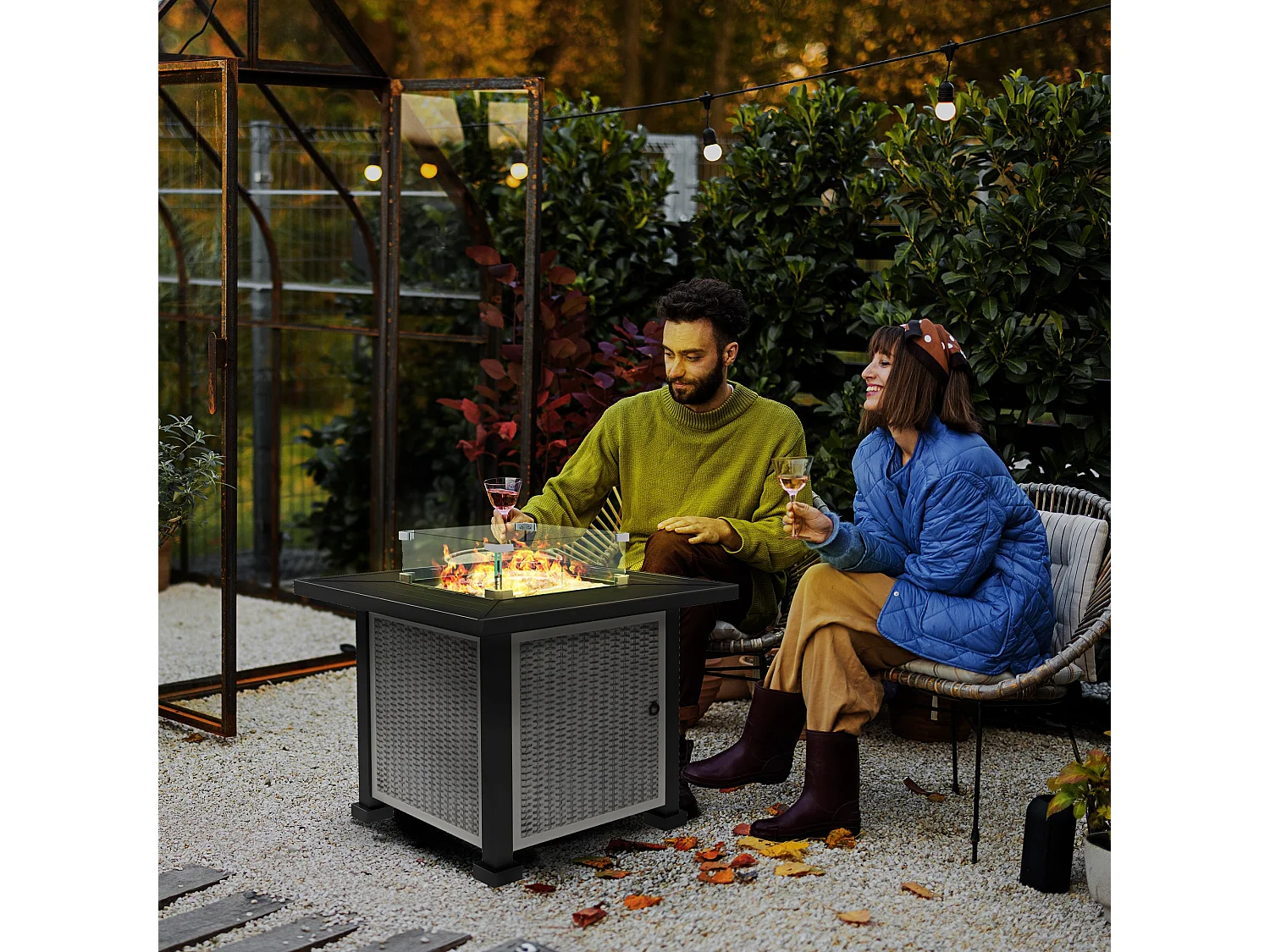 Misana Talu Square Gas Fire Pit Table Grey Steel Rattan 50000 BTU