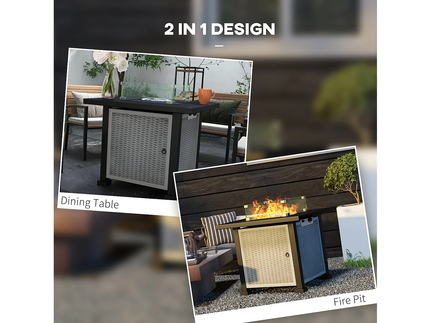 Misana Talu Square Gas Fire Pit Table Grey Steel Rattan 50000 BTU