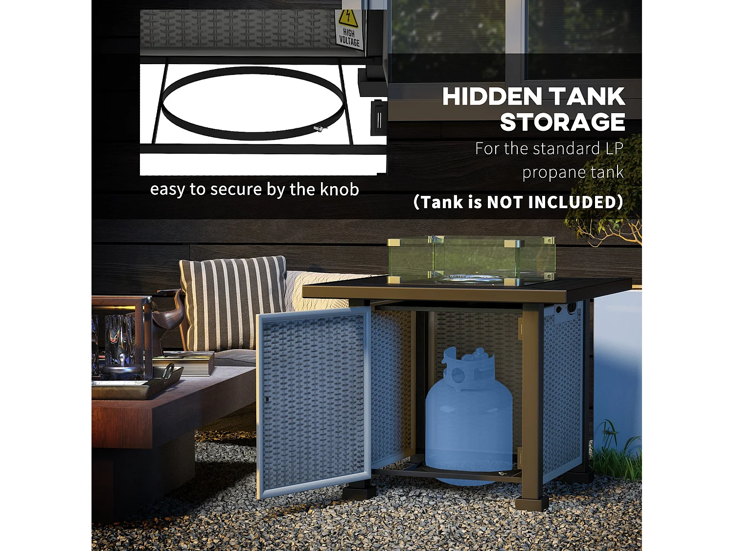 Misana Talu Square Gas Fire Pit Table Grey Steel Rattan 50000 BTU