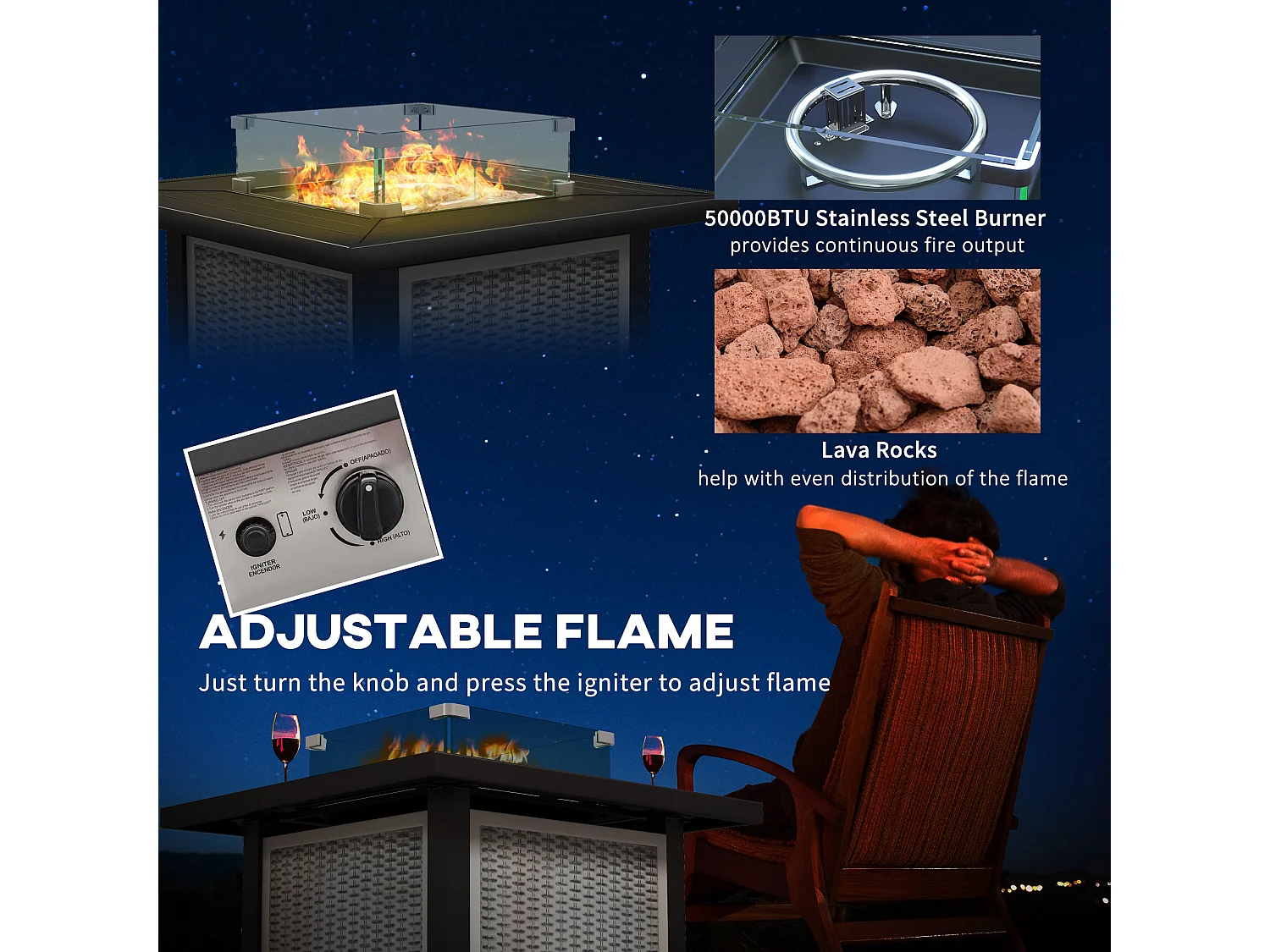 Misana Talu Square Gas Fire Pit Table Grey Steel Rattan 50000 BTU
