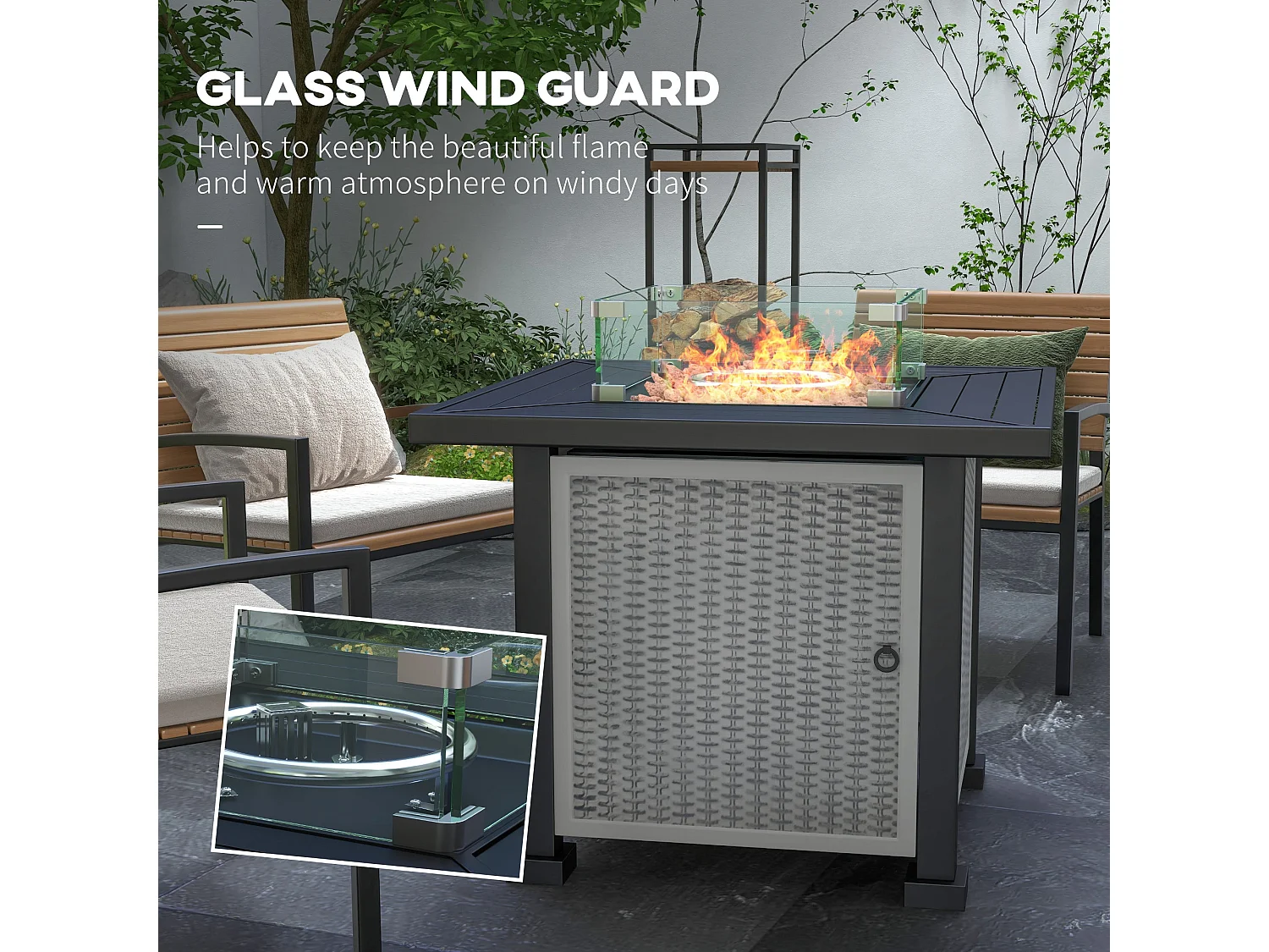 Misana Talu Square Gas Fire Pit Table Grey Steel Rattan 50000 BTU