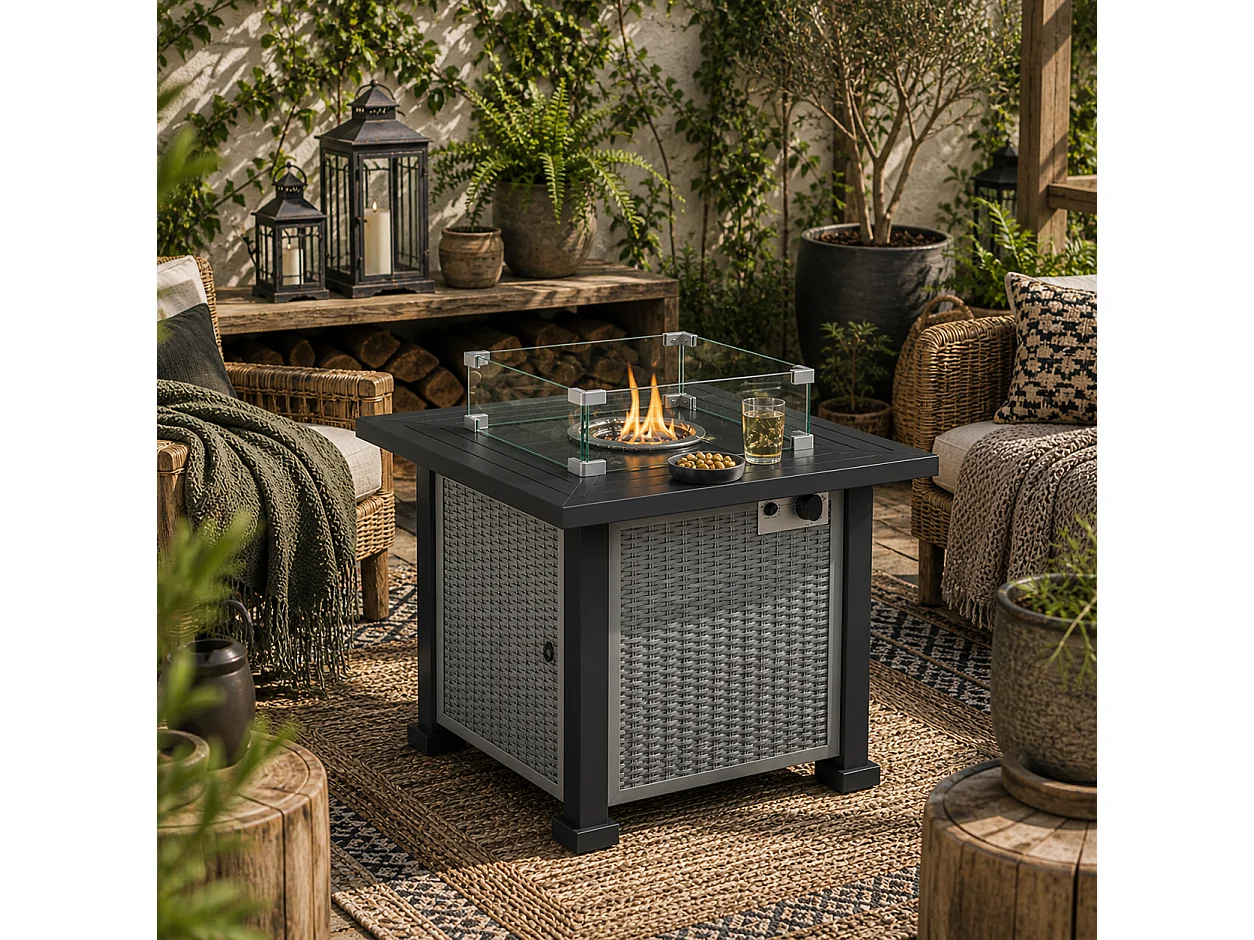 Misana Talu Square Gas Fire Pit Table Grey Steel Rattan 50000 BTU