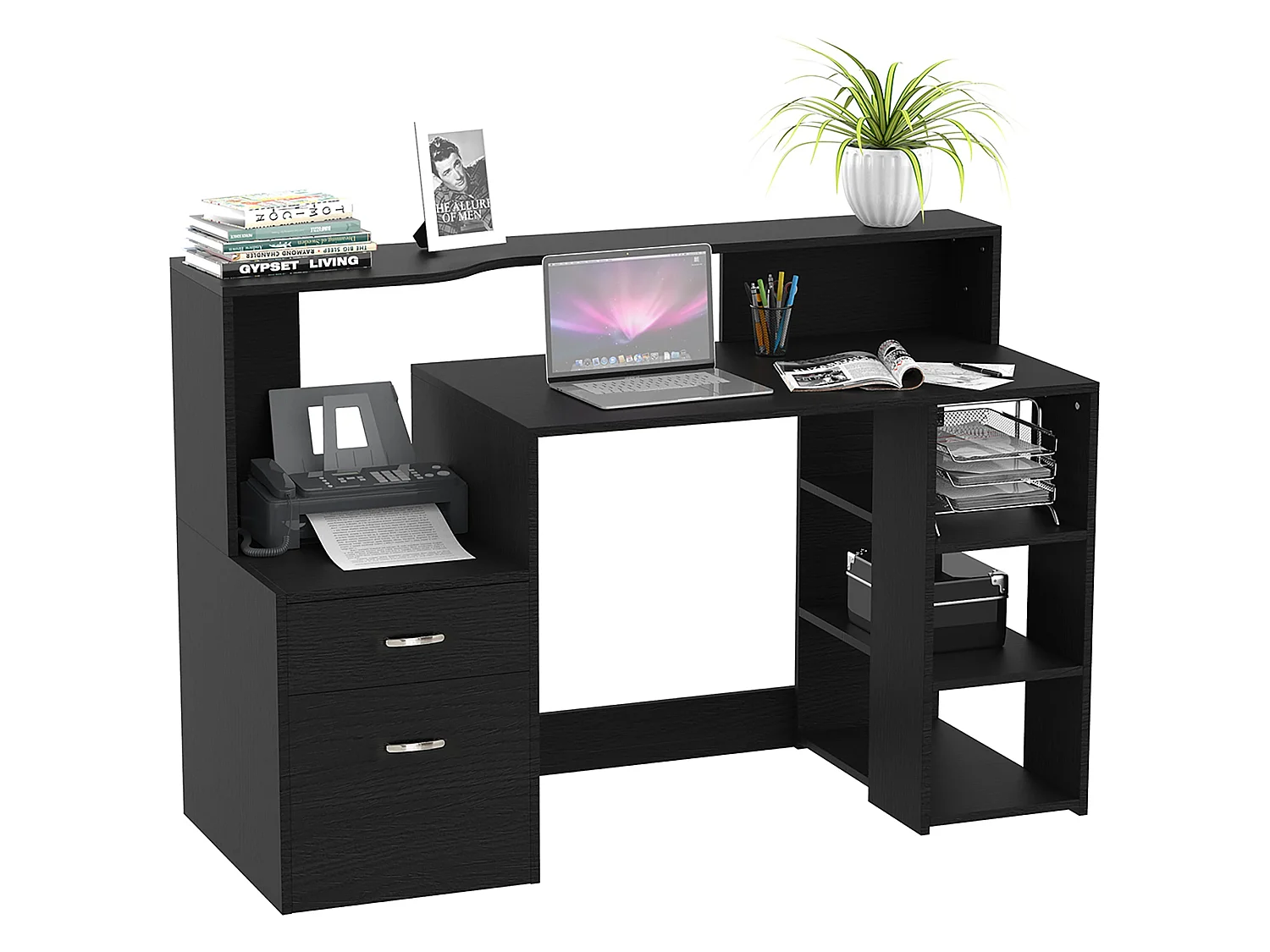 Tapava 137cm Black MDF Office Desk with Shelves Drawers and Printer Stand