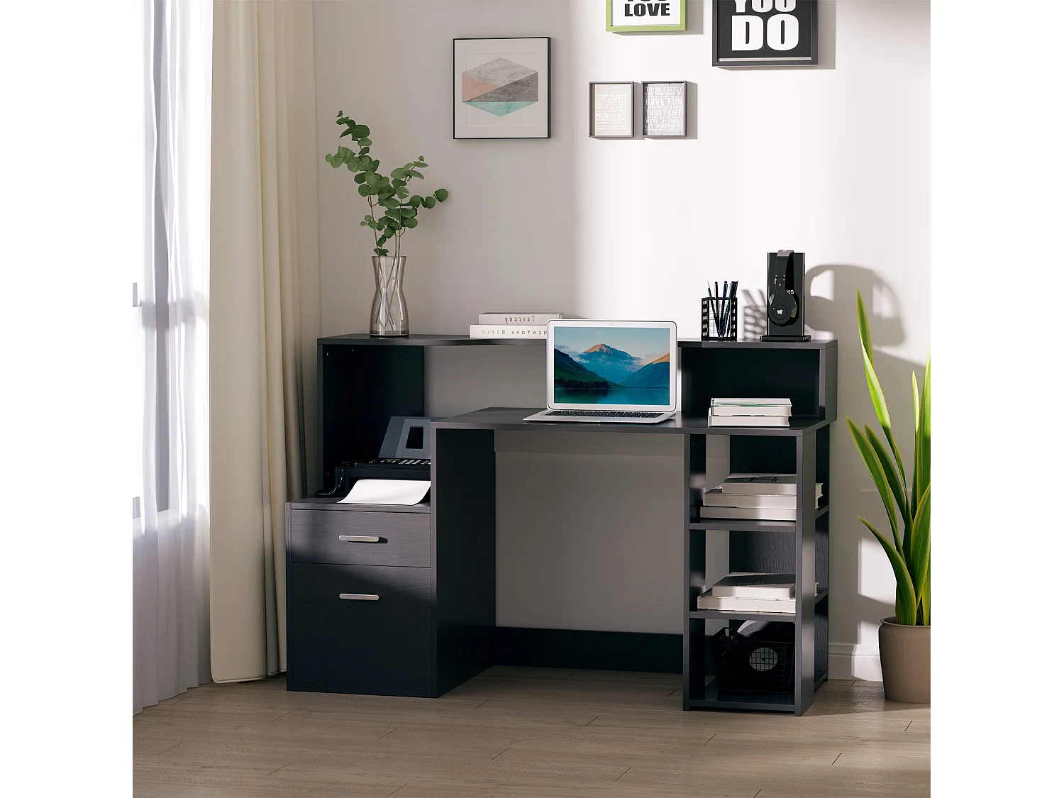 Tapava 137cm Black MDF Office Desk with Shelves Drawers and Printer Stand